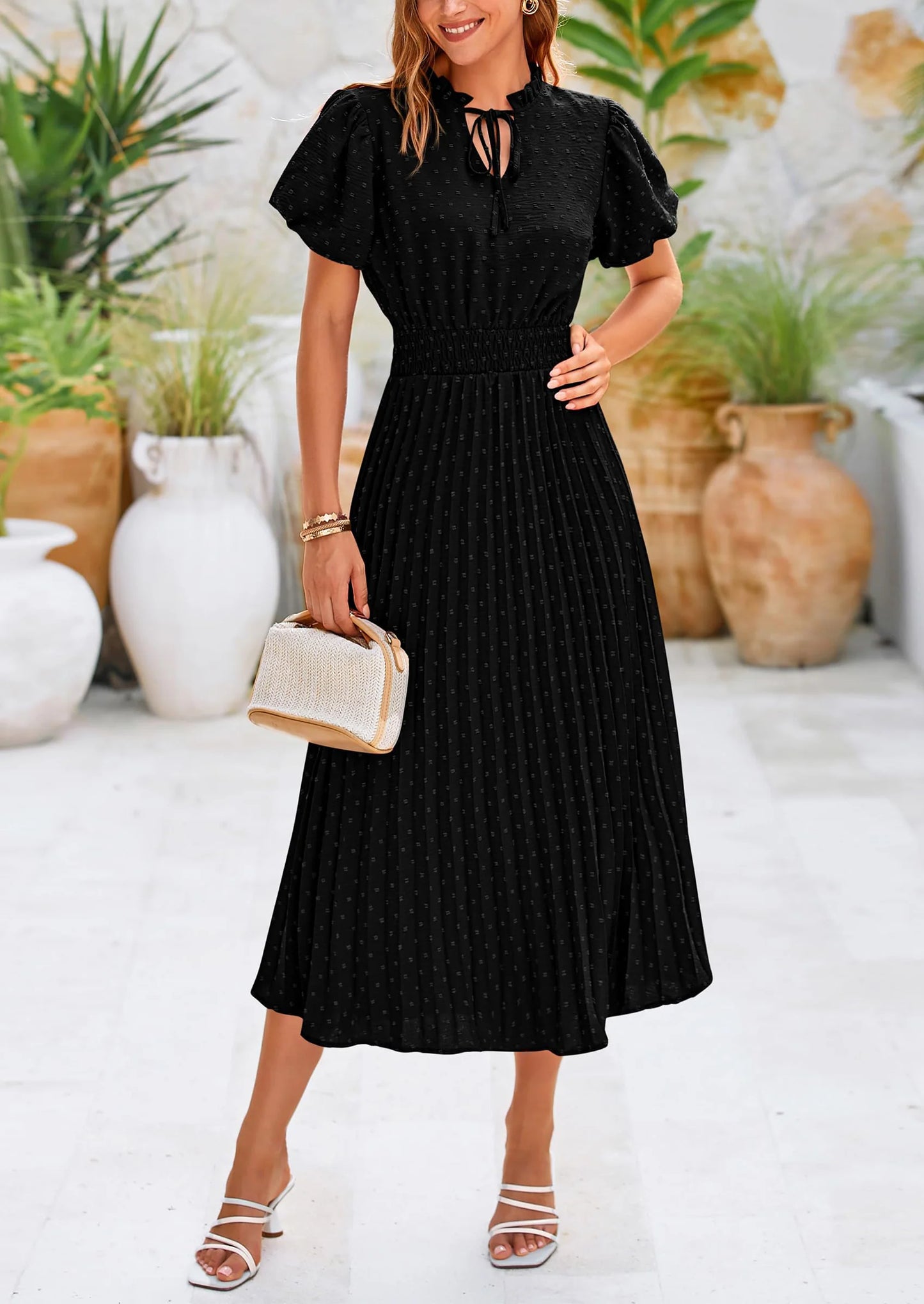 Womens Midi Dresses Puff Short Sleeve V Neck Swiss Dot Pleated A Line Flowy Long Wedding Guest Dress