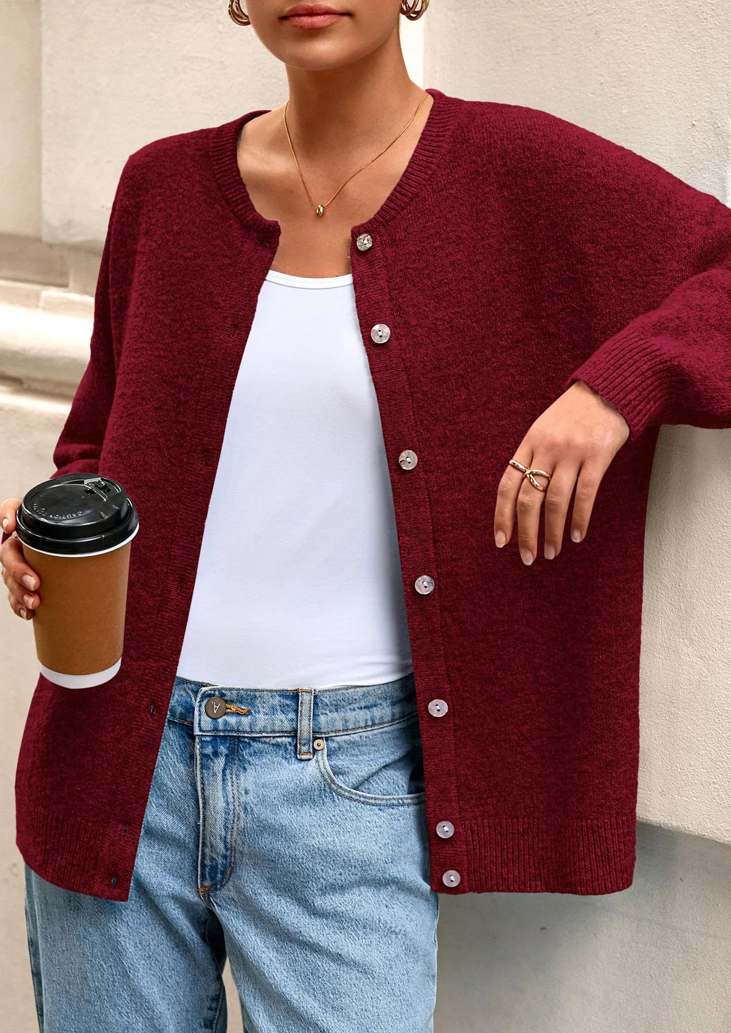 Fall Long Sleeve Cardigans for Women Trendy Open Front Winter Button Down Crewneck Soft Knit Sweater Jacket