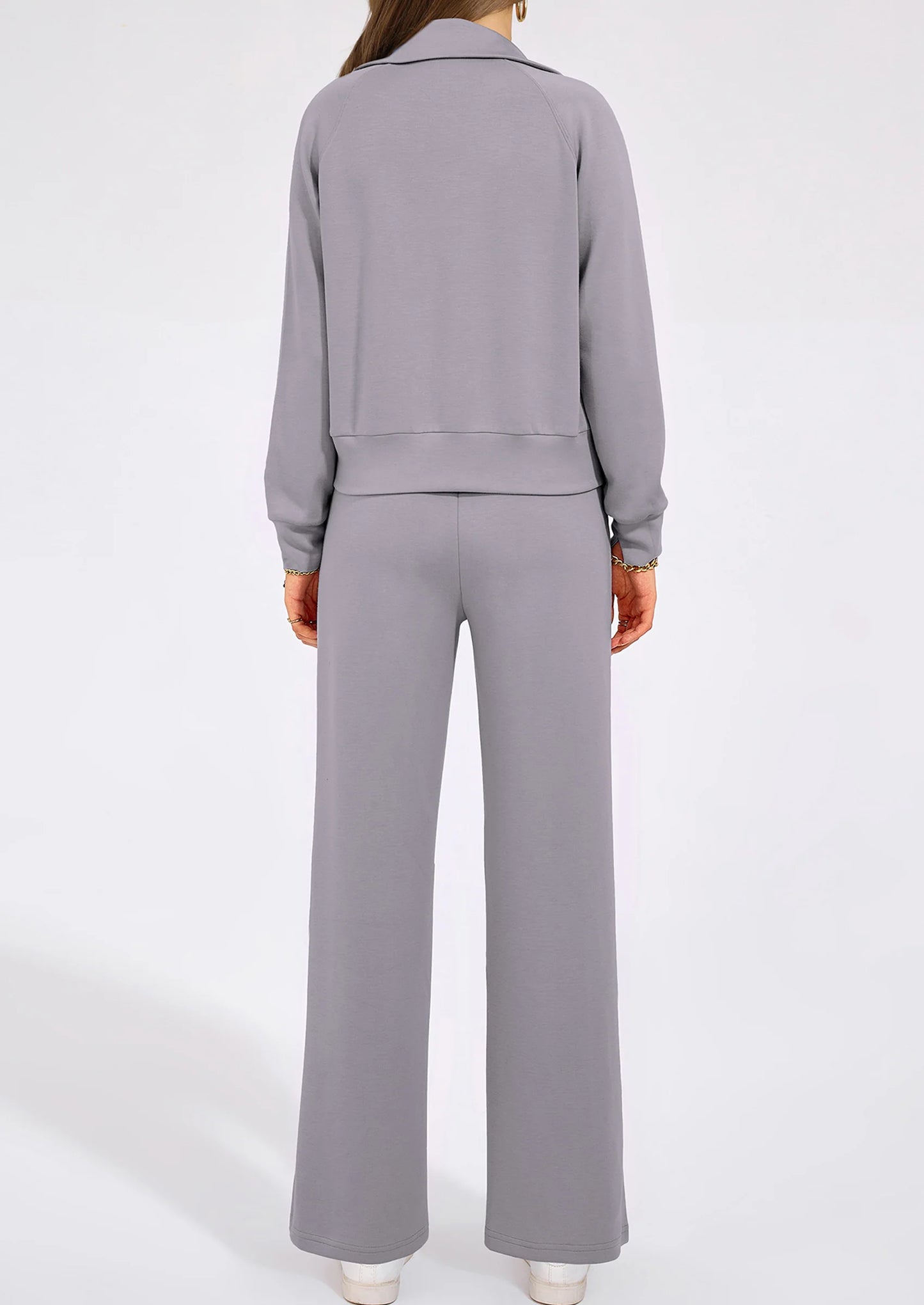 Women's 2 Piece Outfits Casual Lapel Half Zip Sweatshirts And Wide Leg Pants Tracksuit Sets