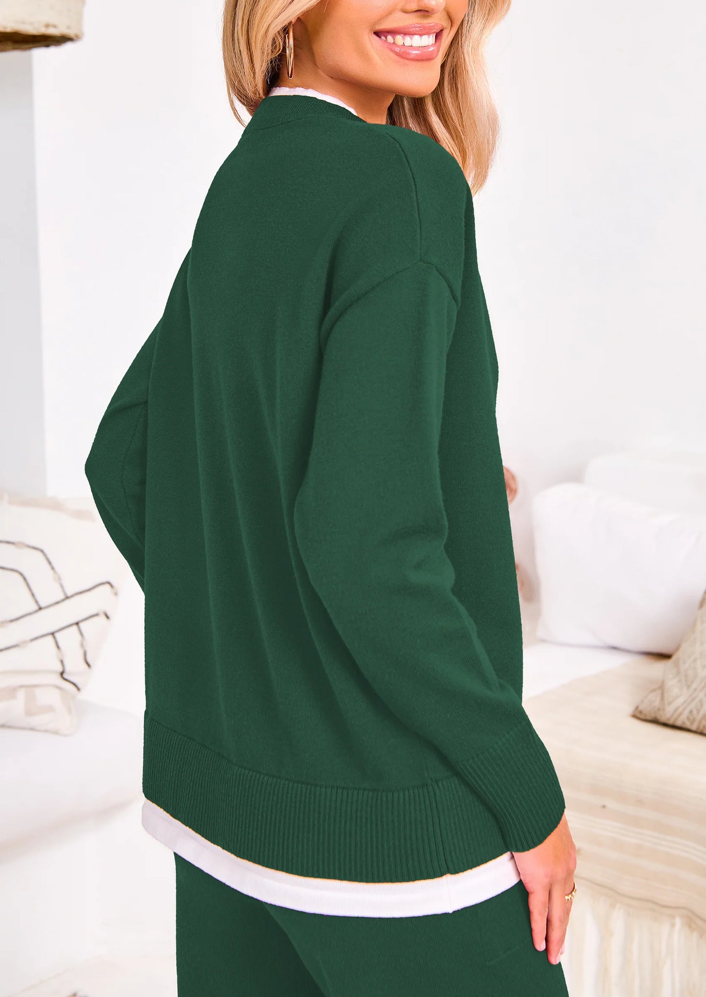 Two Piece Matching Sweater Lounge Sets Knit Long Sleeve Pullover Tops Wide Leg Pants