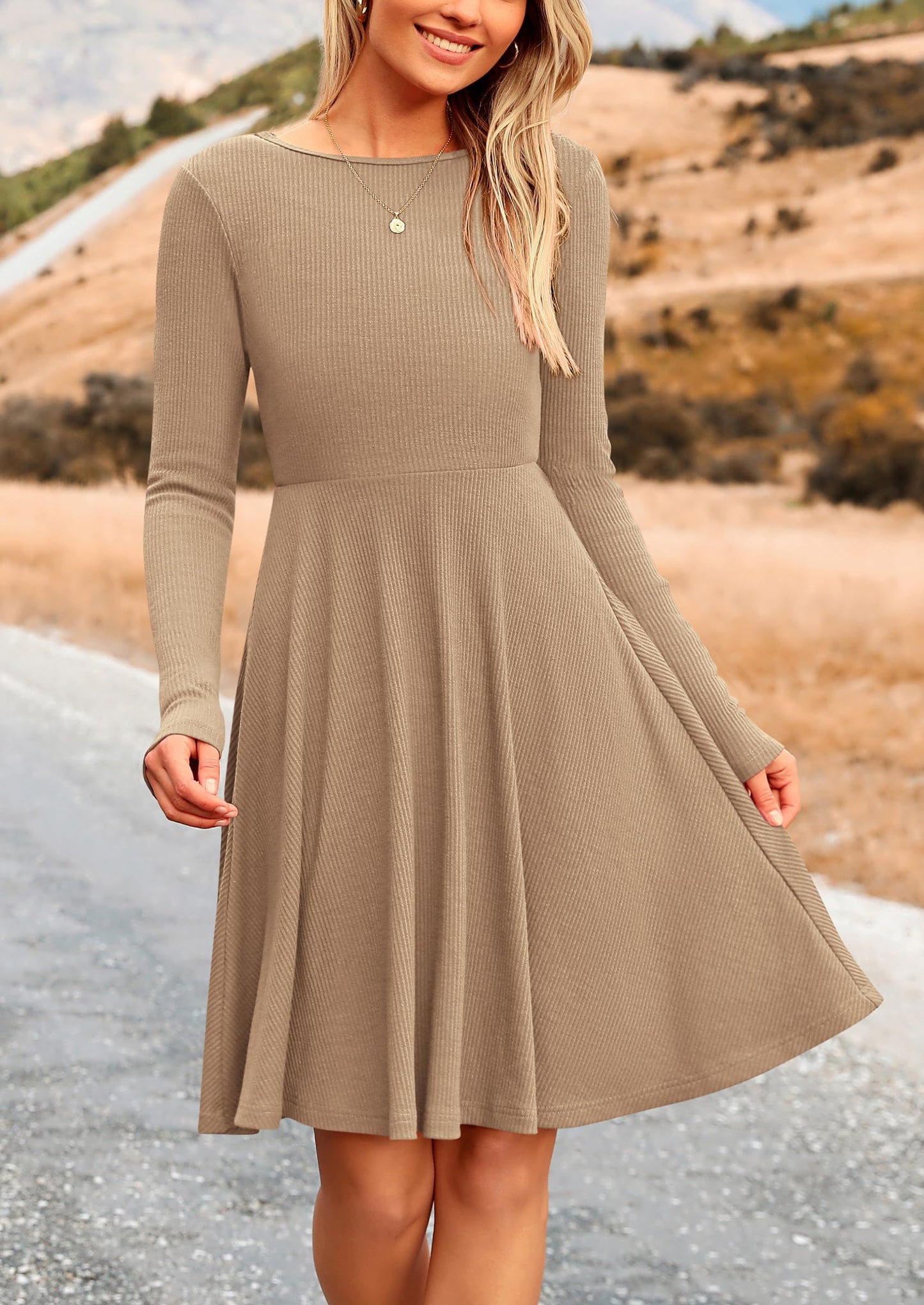Women's Spring Fall Short Dress Ribbed Knit Crewneck Long Sleeve A Line Flowy Casual Elegant Going Out Dresses