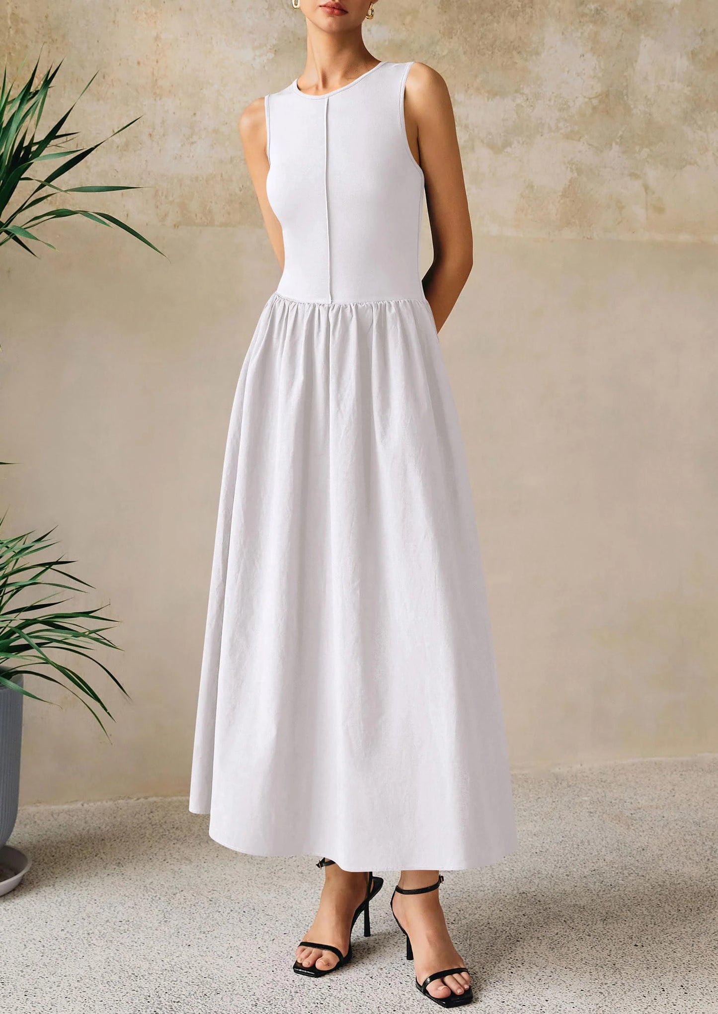 Women Maxi Dresses Casual Sleeveless Patchwork Knit Tank Dress Flowy Beach Sundress Long Dress