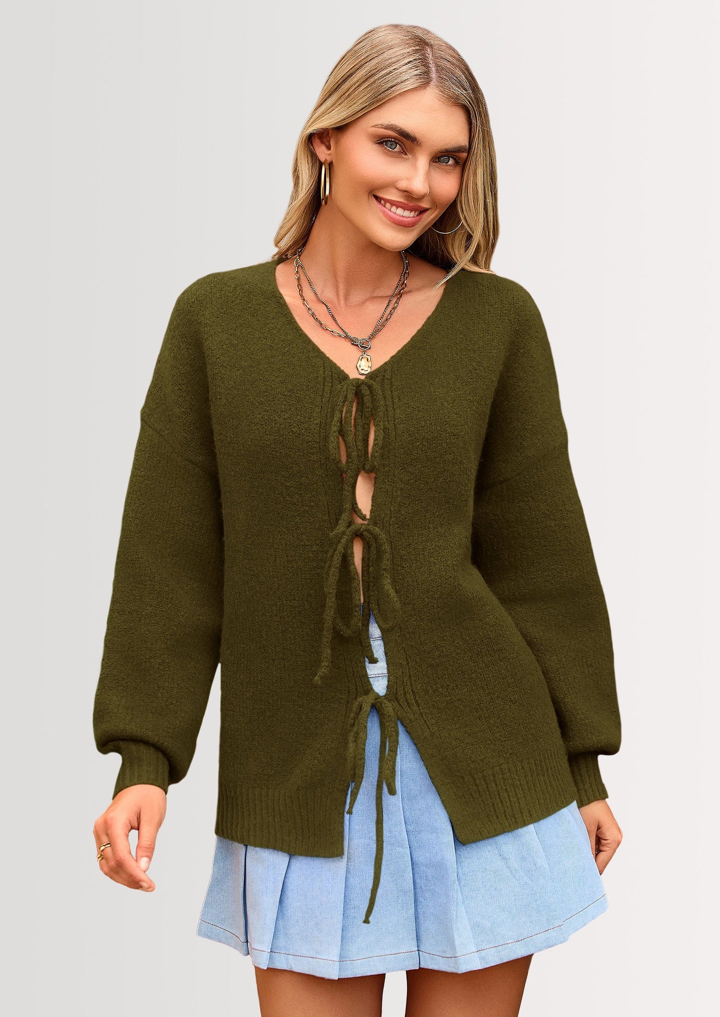 Women's Tie Front Bow Cardigan Sweaters Chunky Knit Long Puff Sleeve Trendy Fall Winter Jacket Coats