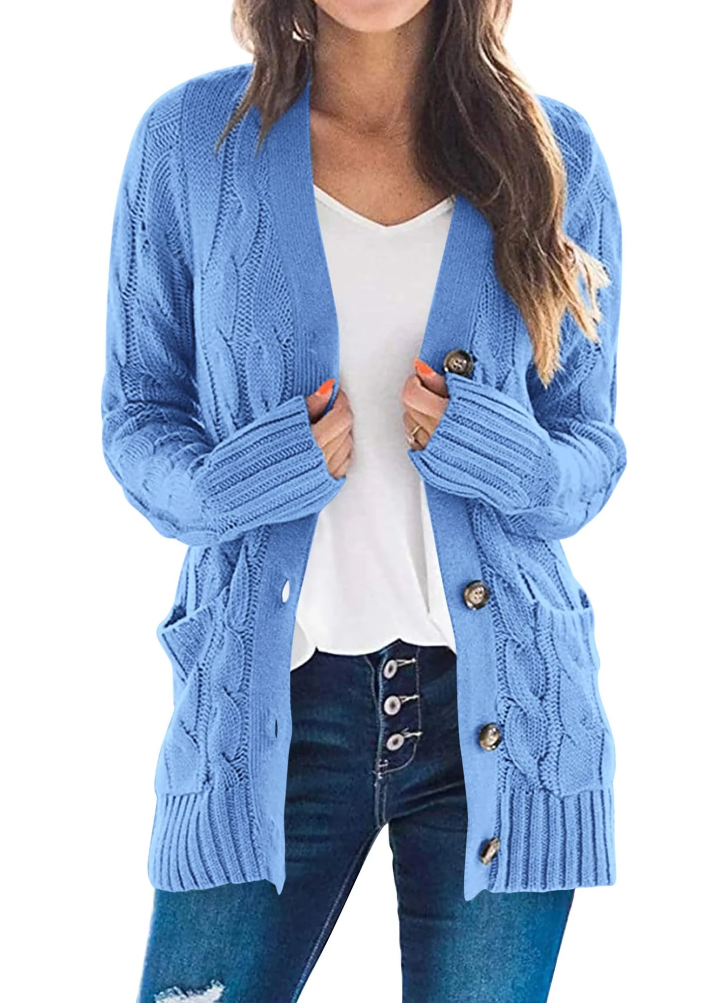 Women's Open Front Cardigan Sweaters Fall Fashion Button Down Cable Knit Chunky Winter Outerwear Coats