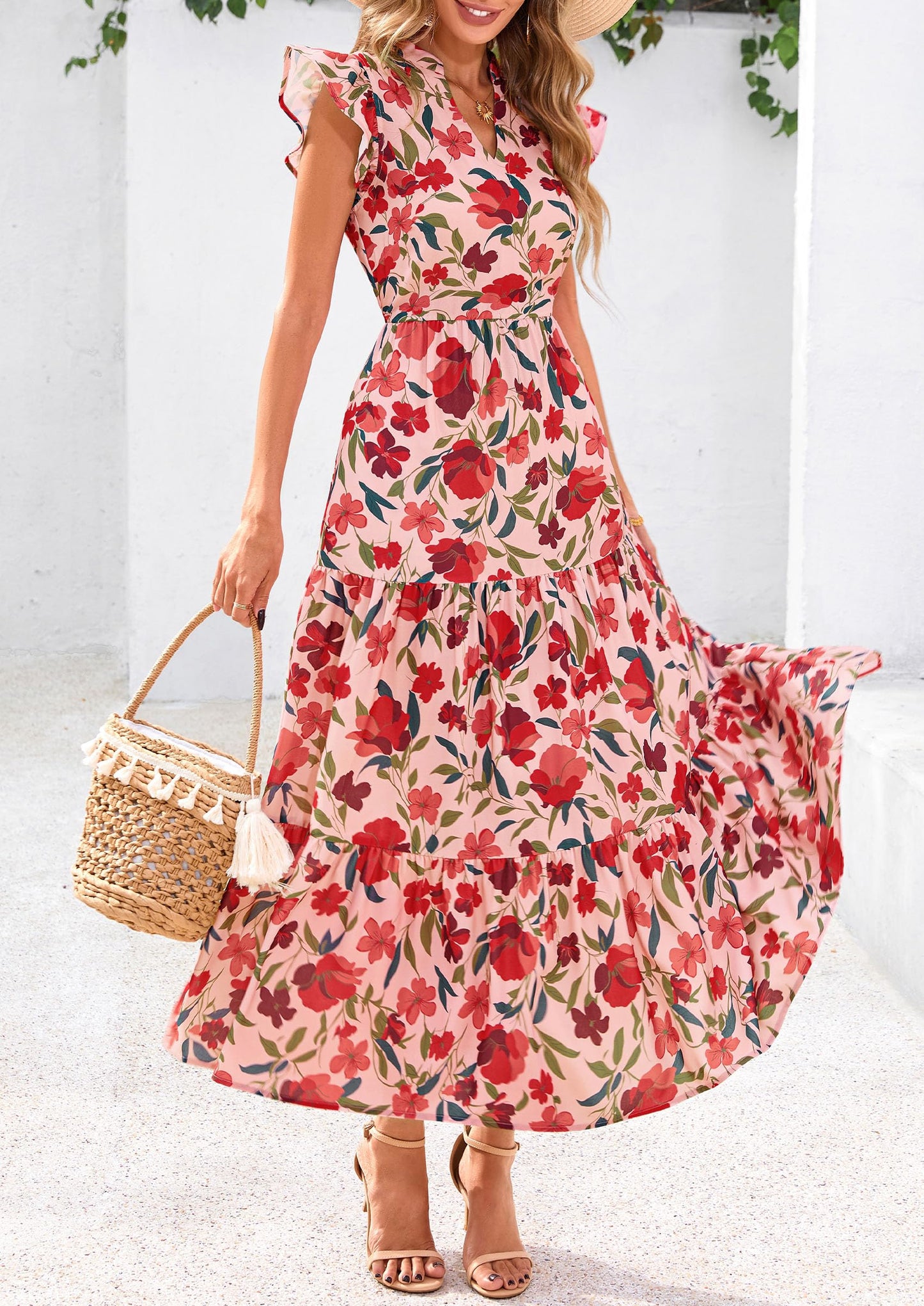 Women's Summer Floral Midi Dress Cap Sleeve V Neck Ruffle Long Flowy Boho Casual Beach Vacation Dresses