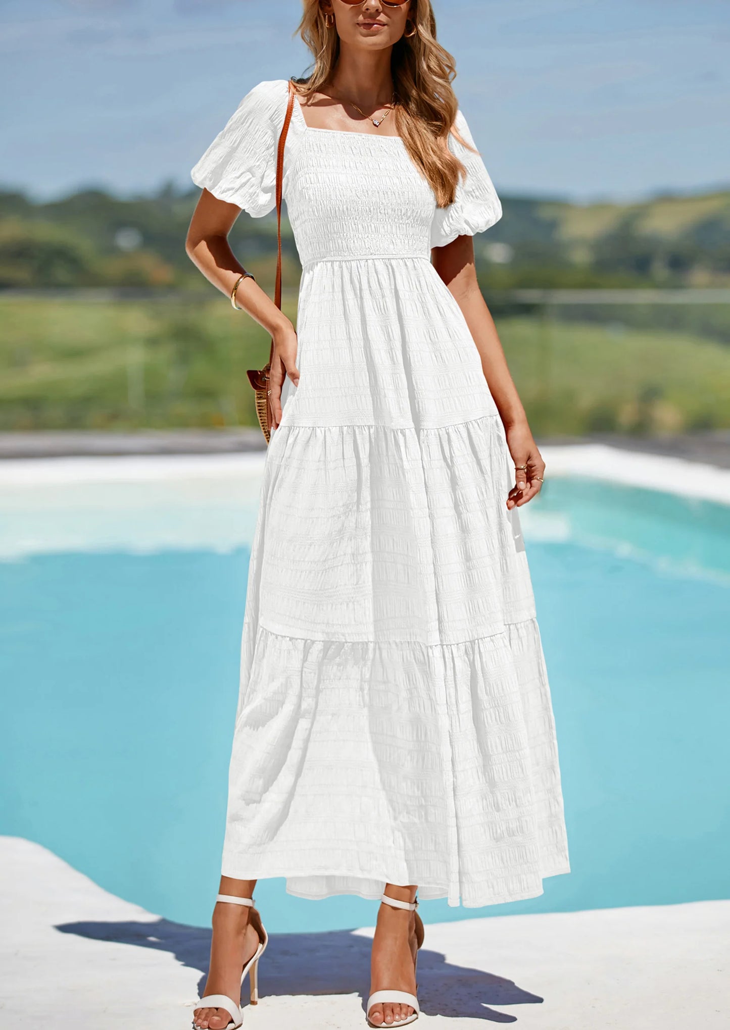 Womens Summer Puff Short Sleeve Maxi Dress Square Neck Smocked Tiered Ruffle A Line Long Flowy Beach Dresses