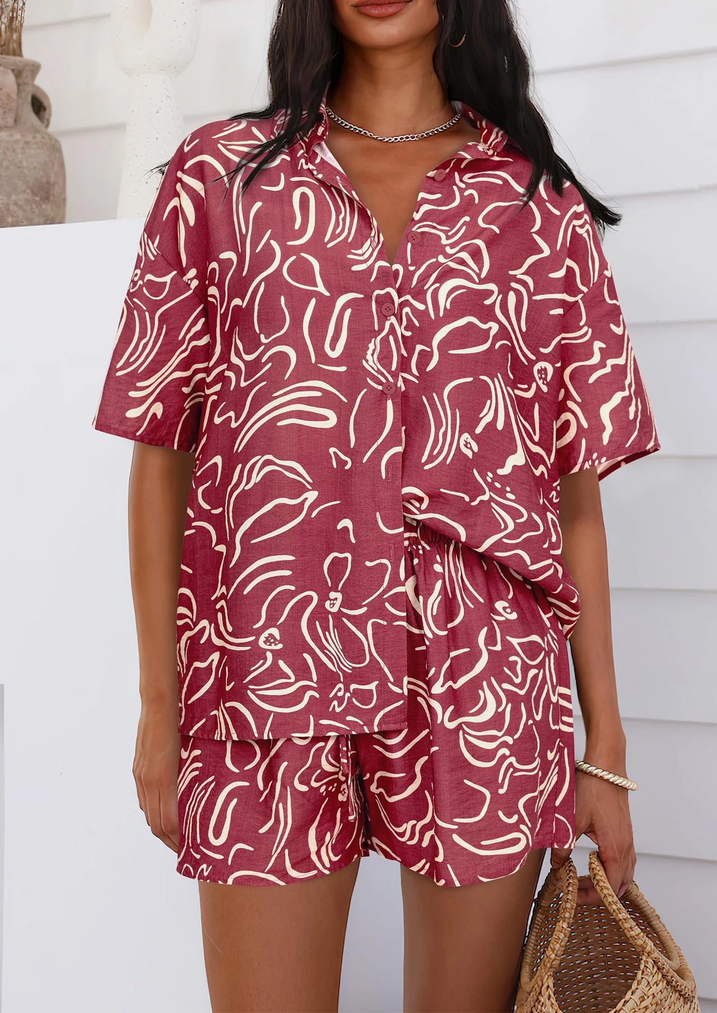 Women Summer 2 Piece Sets Printed Short Sleeve Tops Lounge Shorts Beach Vacation Outfits