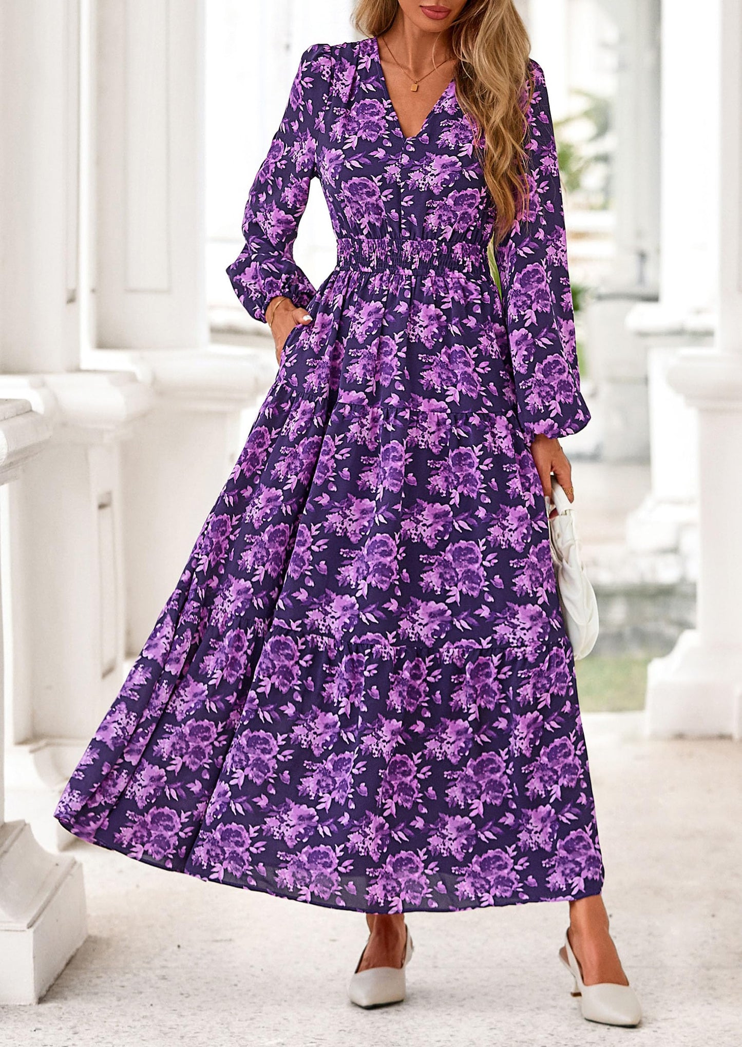 Long Sleeve Maxi Fall Dresses for Women Vneck Smocked Boho Floral Tiered Swing Flowy Wedding Guest Dress
