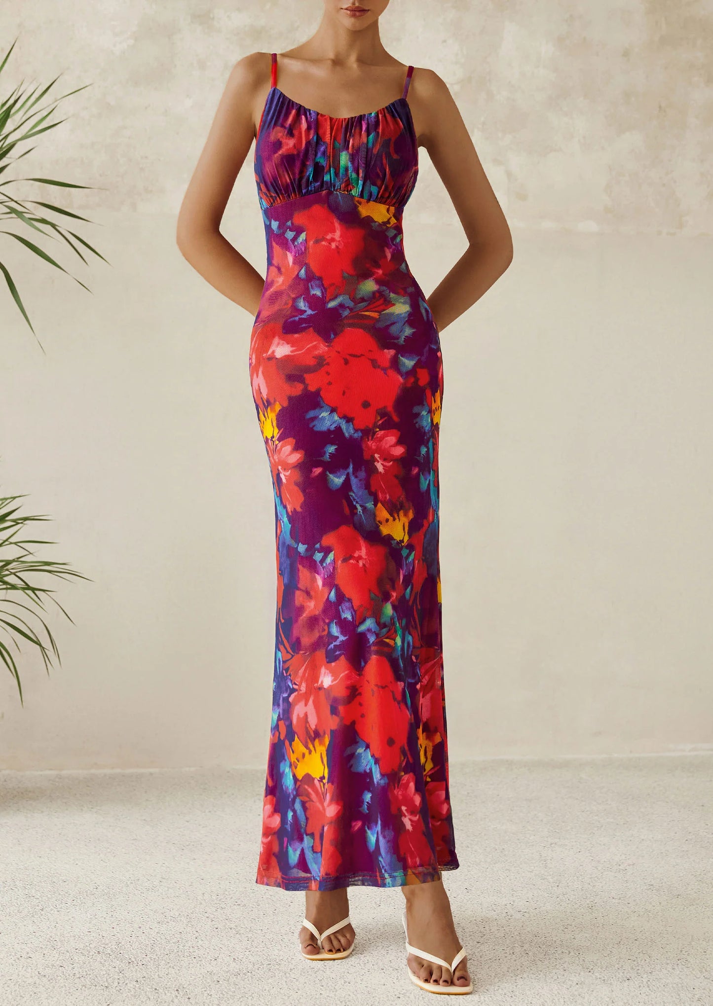 Women's Bodycon Maxi Dress Floral Sundress Sleeveless Spaghetti Strap Cocktail Party Dress