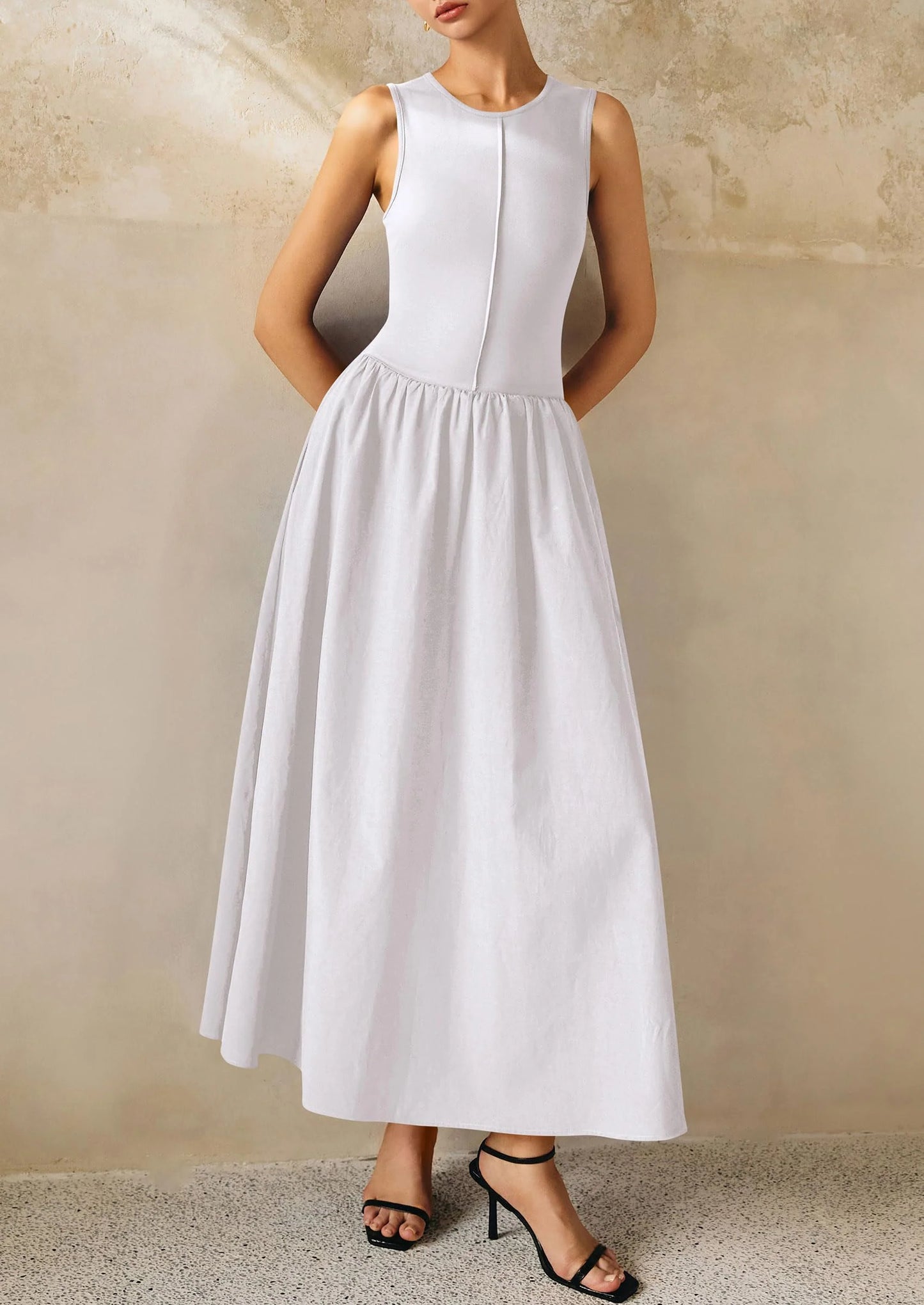 Women Maxi Dresses Casual Sleeveless Patchwork Knit Tank Dress Flowy Beach Sundress Long Dress