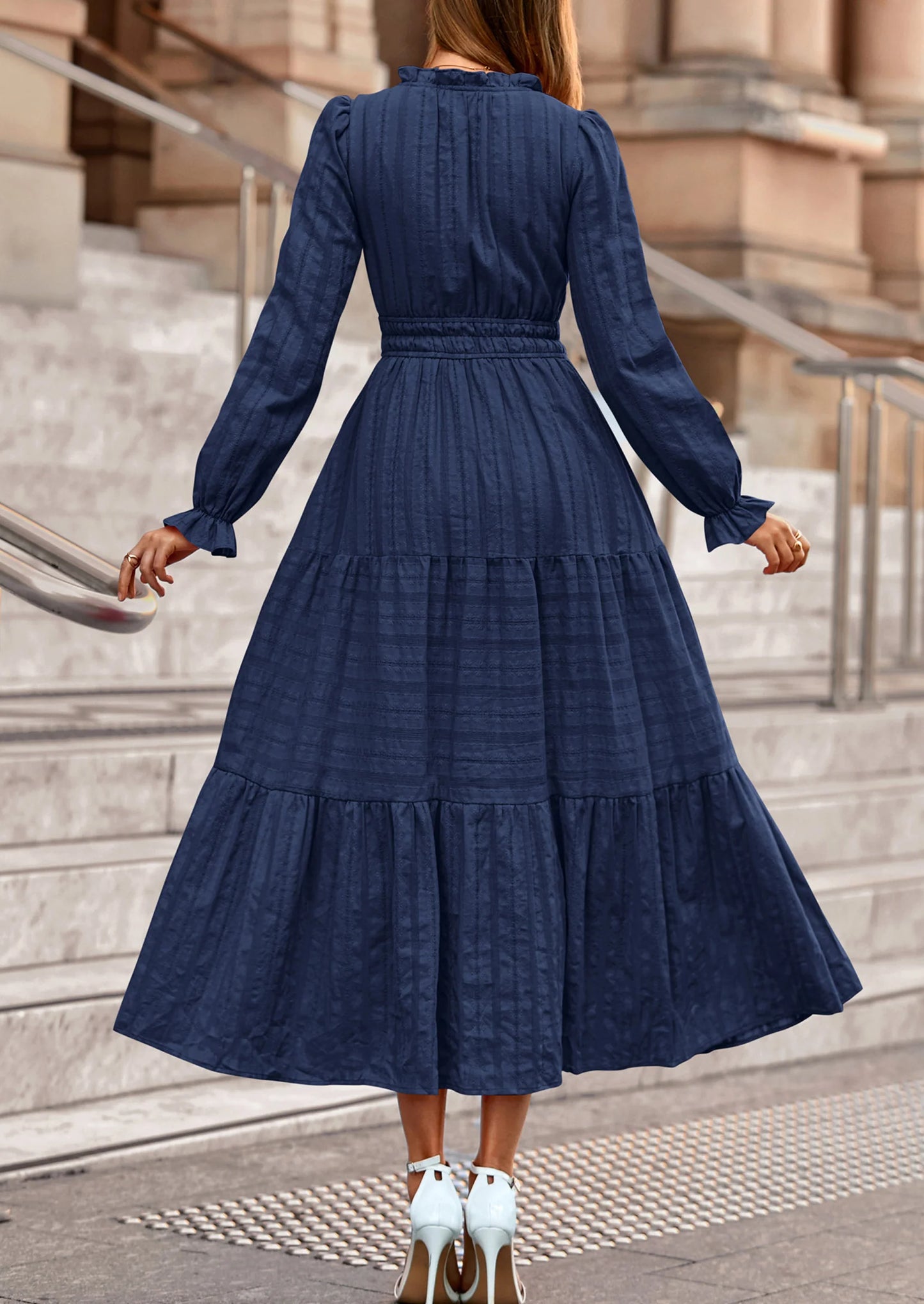 Women's Fall Wedding Guest Dresses Long Sleeve V Neck Flowy Elegant Holiday Party Maxi Dress with Pockets