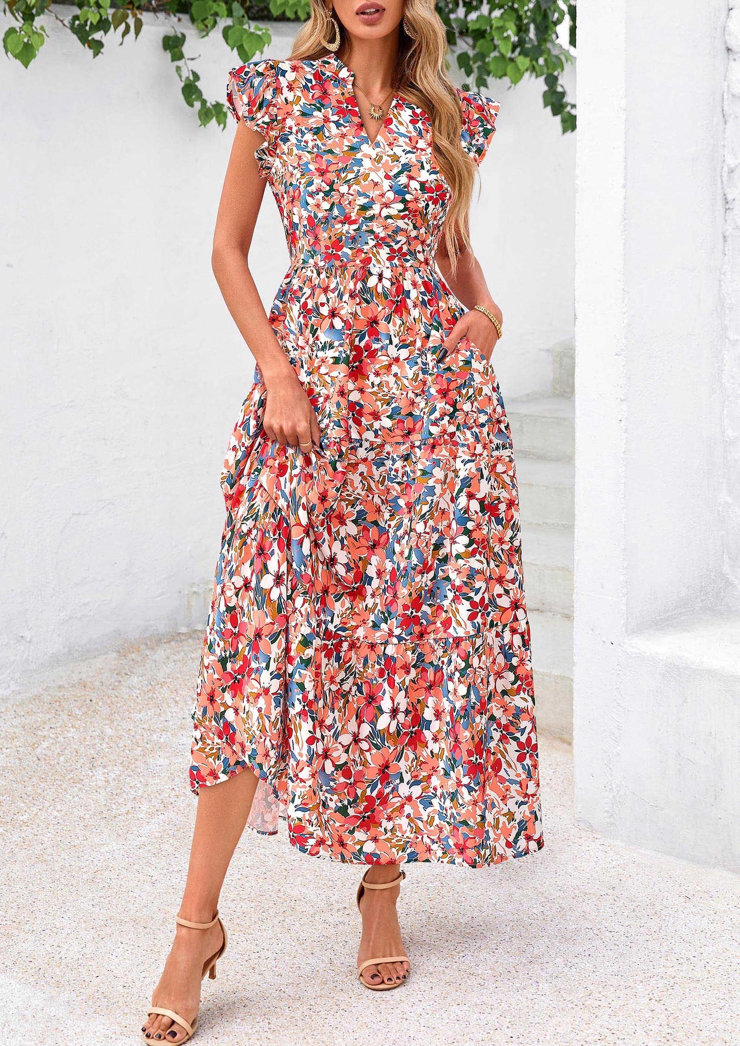 Women's Summer Floral Midi Dress Cap Sleeve V Neck Ruffle Long Flowy Boho Casual Beach Vacation Dresses