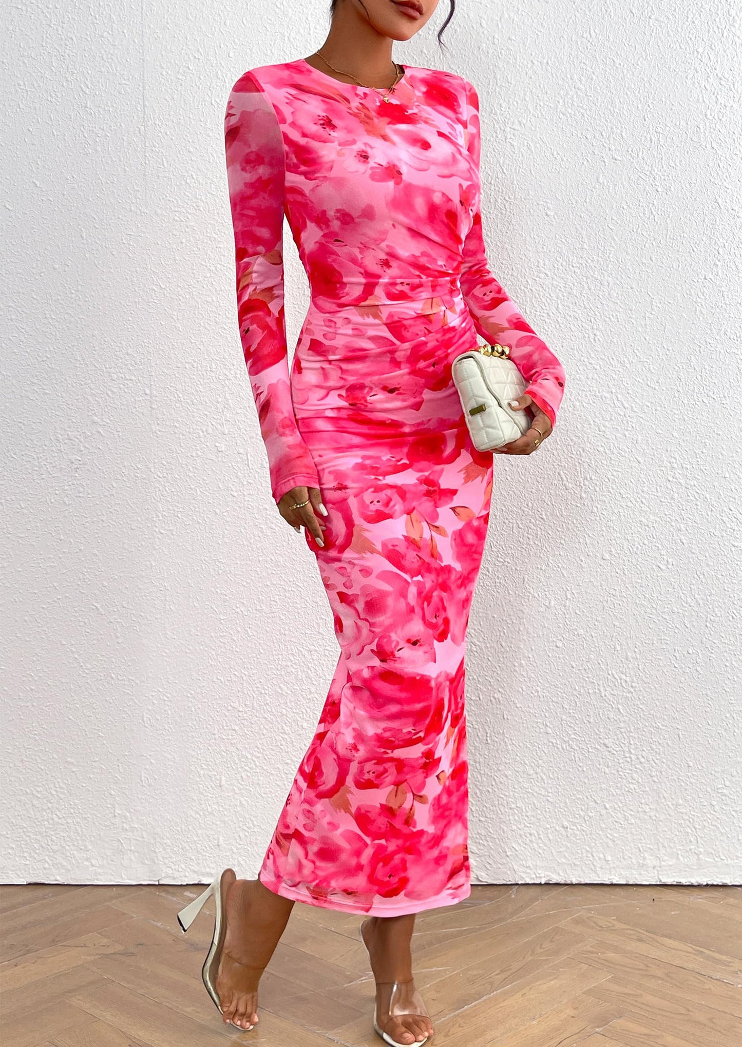 Women's Bodycon Maxi Dress Fall Spring Fashion Long Sleeve Floral Print Tight Fitted Party Club Ruched Dresses