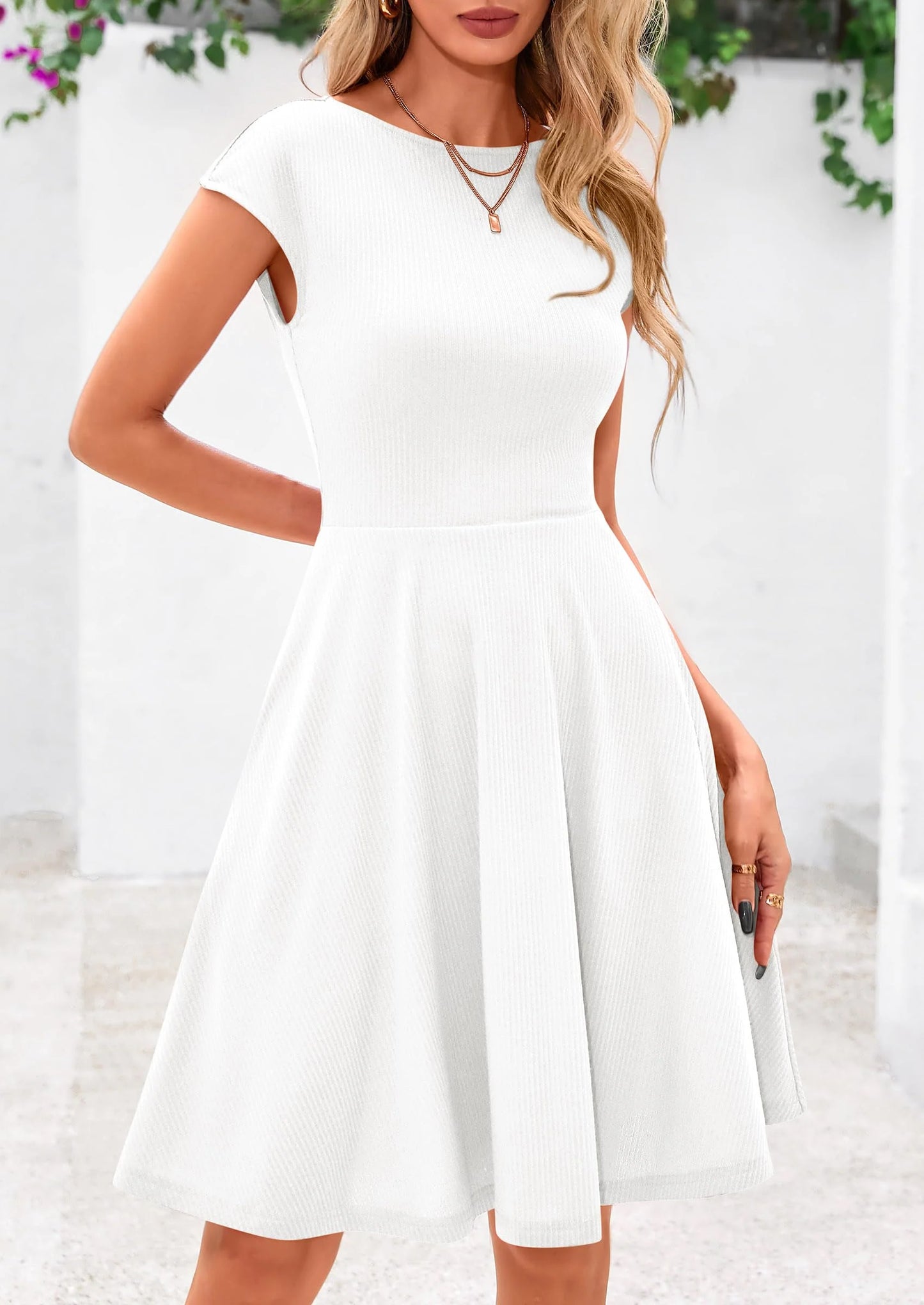 Womens Short Summer Dress Crewneck Cap Sleeve Ribbed Knit Casual Flowy A Line Mini Sundresses with Pockets