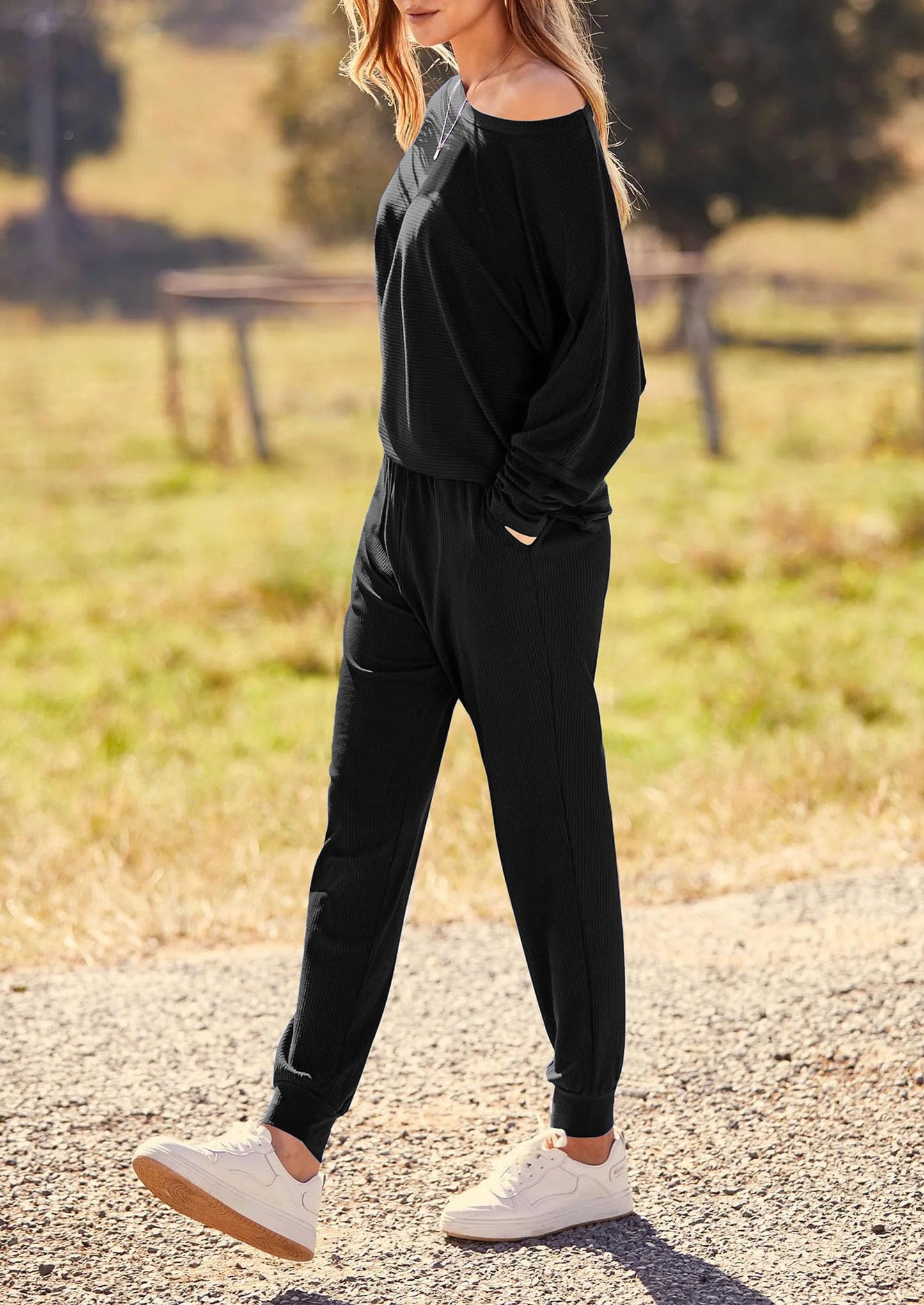 Women's Fall 2 Piece Lounge Set Long Sleeve Tops Ribbed Pants Spring Matching Sweatsuit Travel Outfits Clothes