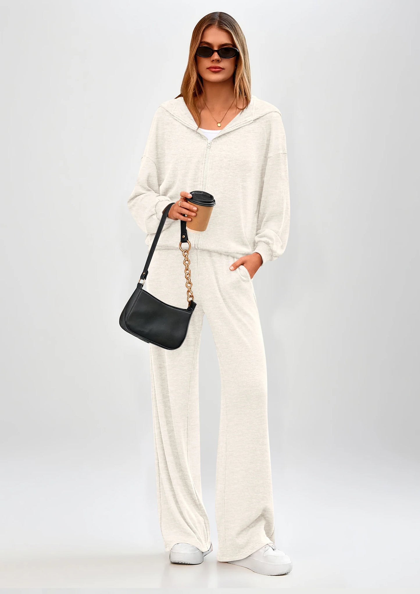 Women's 2 Piece Fall Lounge Sets Zip Up Hoodie Wide Leg Pants Tracksuit Matching Travel Outfits Clothes
