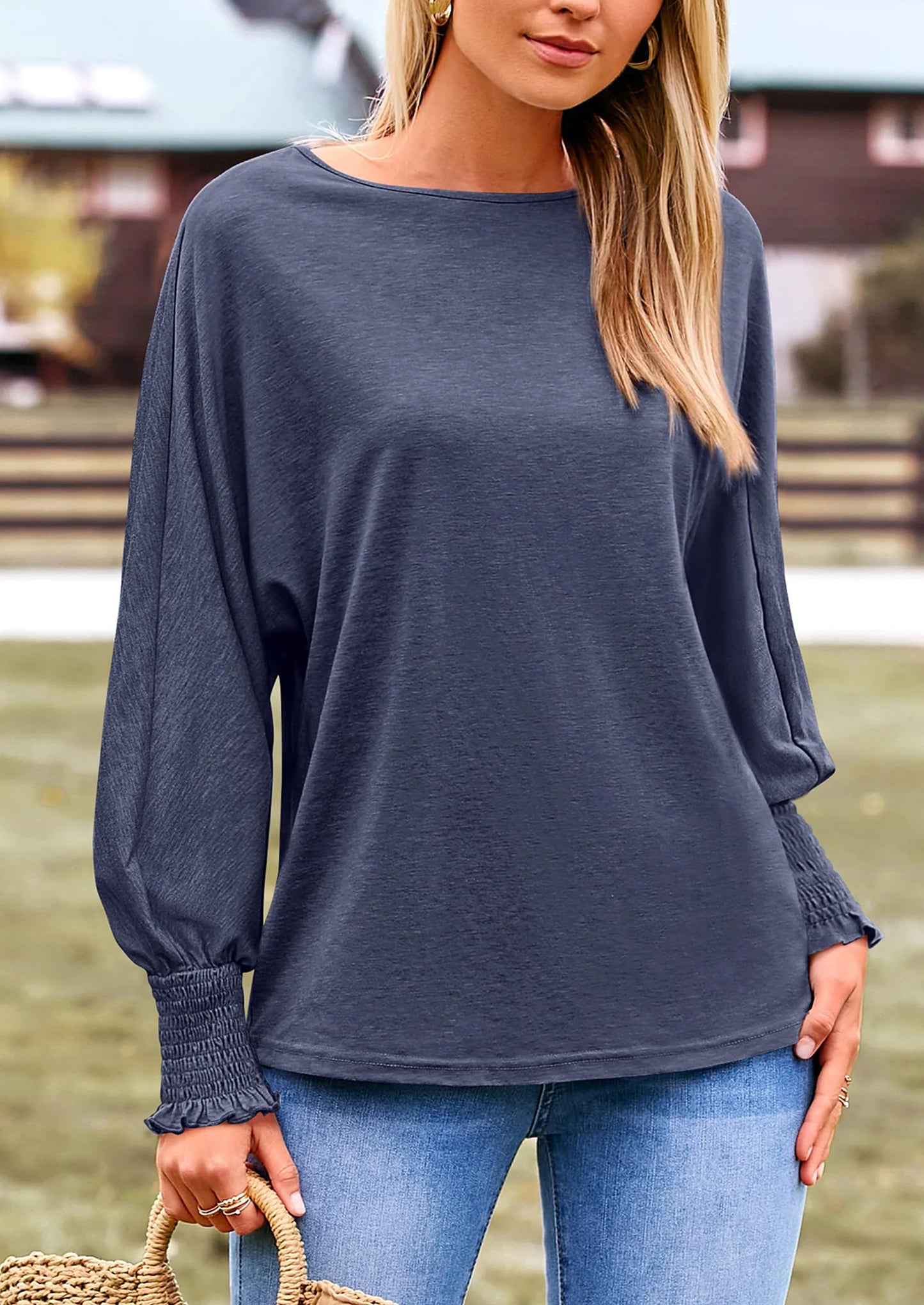 Women's Spring Fashion T Shirts Puff Long Sleeve Crewneck Casual Basic Tee Tops Blouses