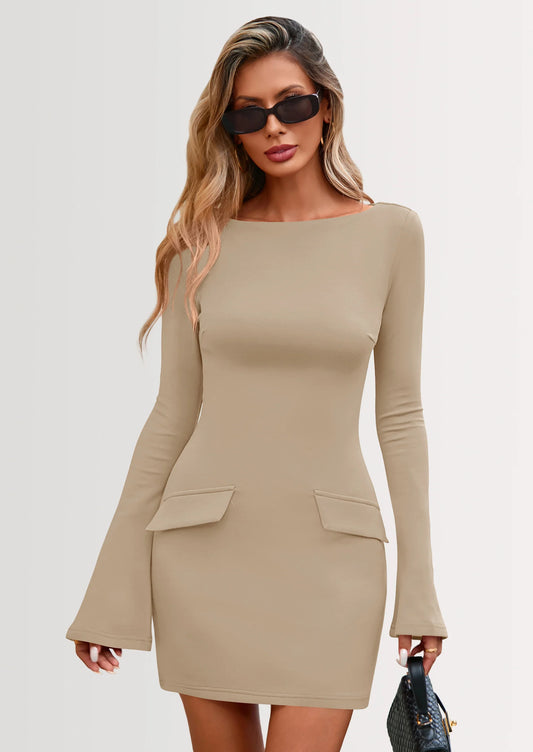 Womens Fall Long Sleeve Mini Dress Trendy Boat Neck Bodycon Knit Elegant Short Party Dresses