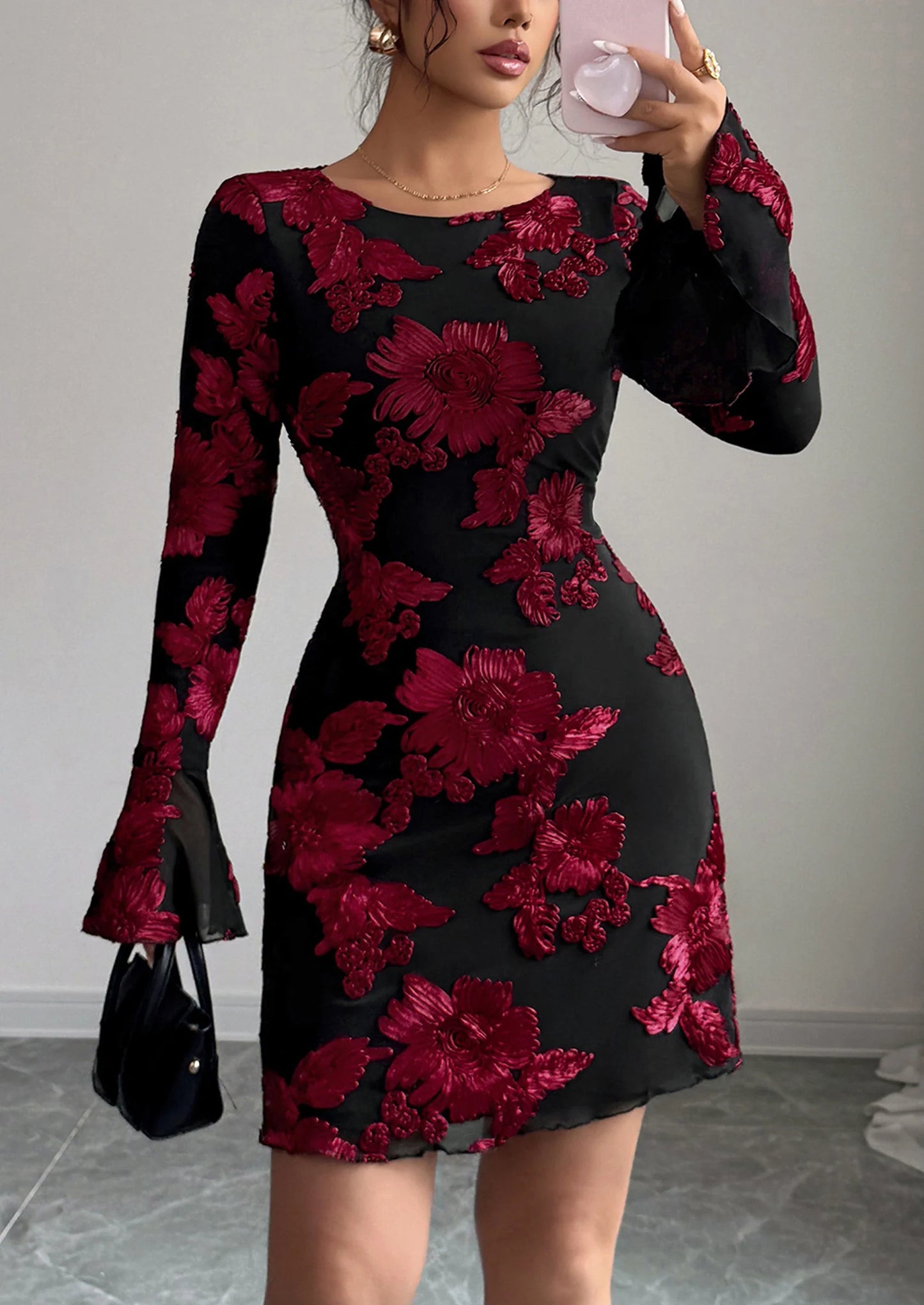 Women's Floral Embroidered Dress Fall Long Bell Sleeve Ribbon Flower Mini Short Mesh Bodycon Party Dresses