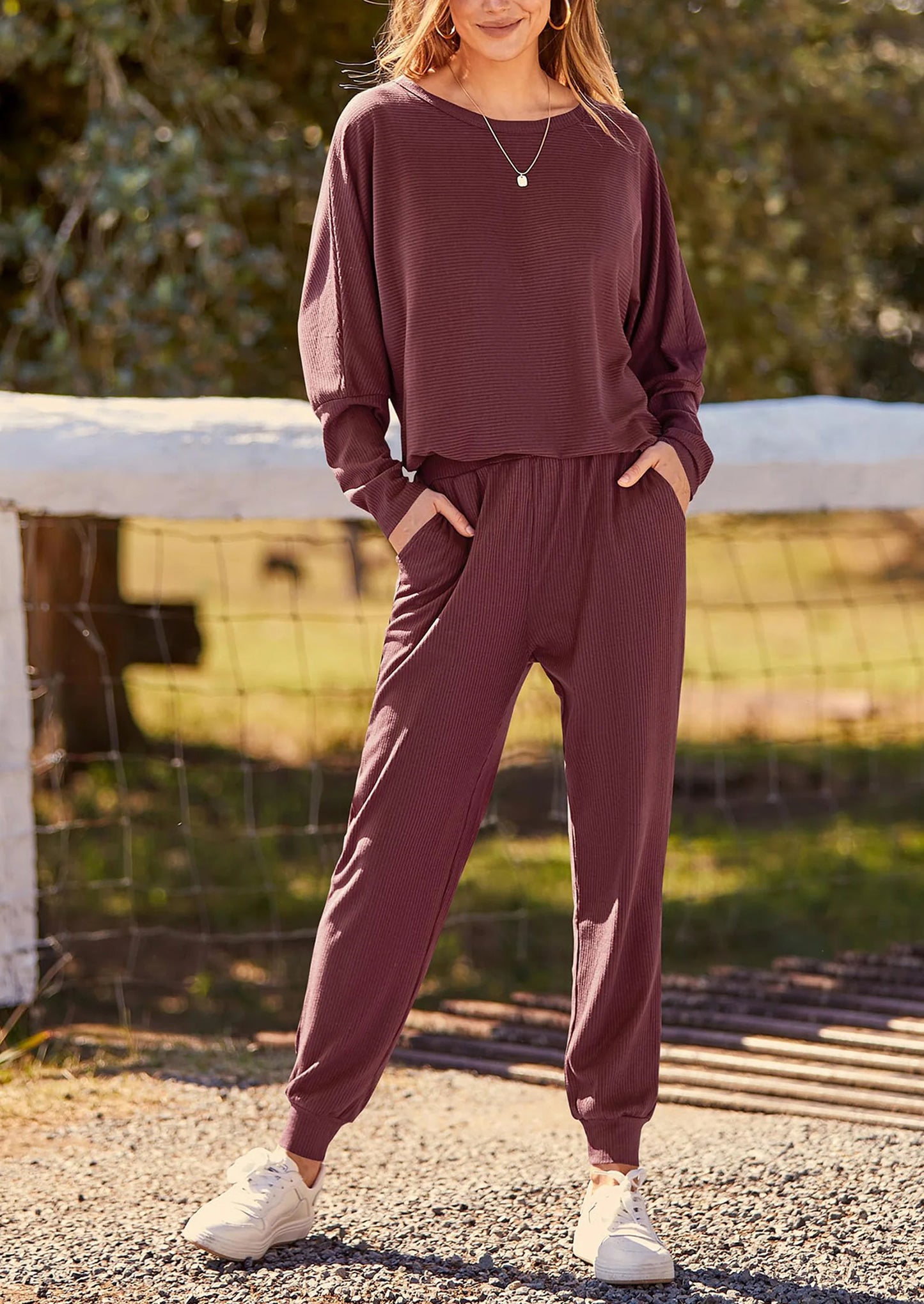 Women's Fall 2 Piece Lounge Set Long Sleeve Tops Ribbed Pants Spring Matching Sweatsuit Travel Outfits Clothes