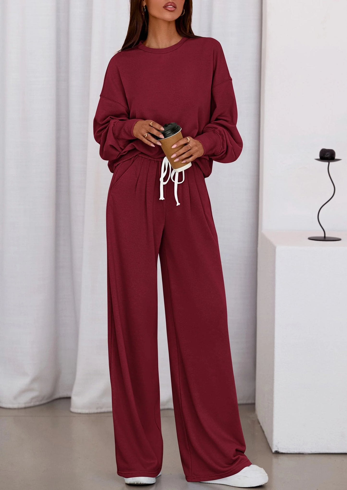 Womens 2 Piece Sets Long Sleeve Sweatshirt Wide Leg Pants Loose Matching Lounge Set Trendy Fall Outfits