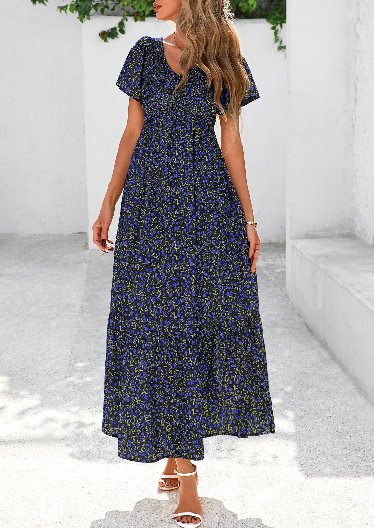 Women Floral Boho Maxi Dresses Short Sleeve V Neck Smocked A Line Long Flowy Beach Vacation Dress