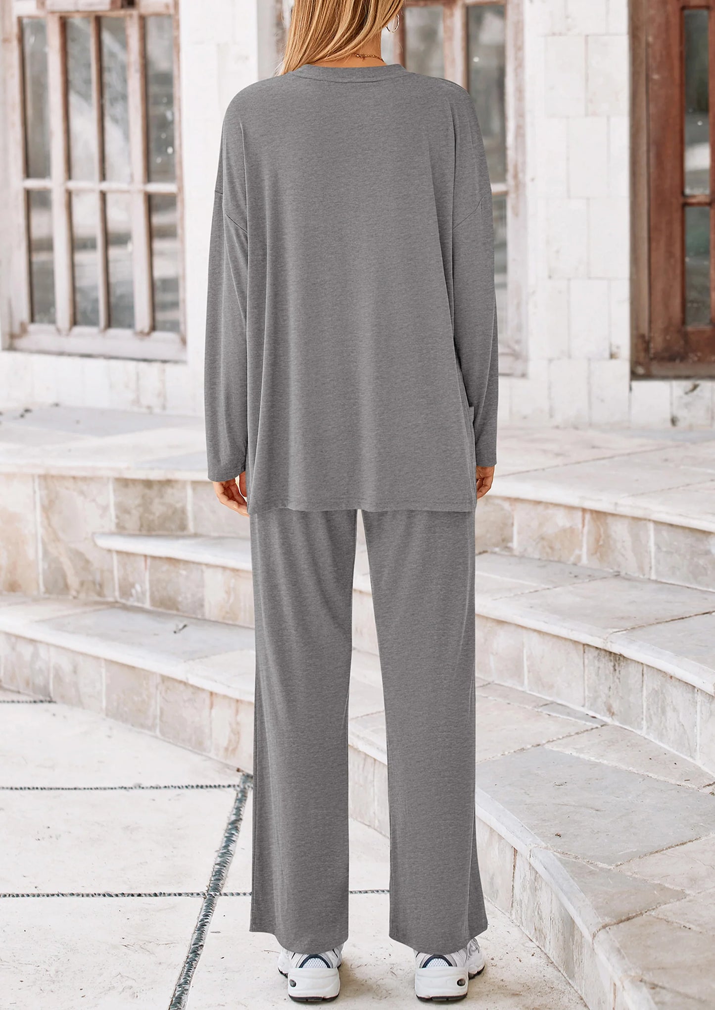 Women's Two Piece Lounge Sets Matching Long Sleeve Shirts Wide Leg Pants Tracksuits Travel Outfits Fall Clothes