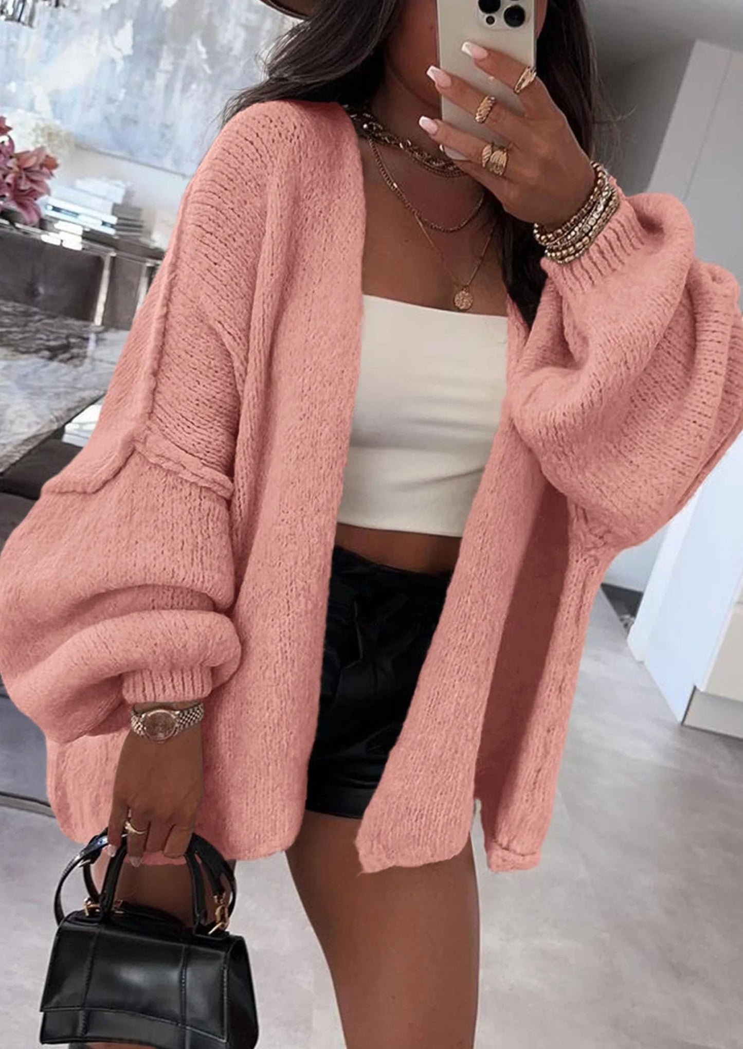 Womens Oversized Cardigan Sweaters Fall Long Lantern Sleeve Knit Open Front Lightweight Sweater
