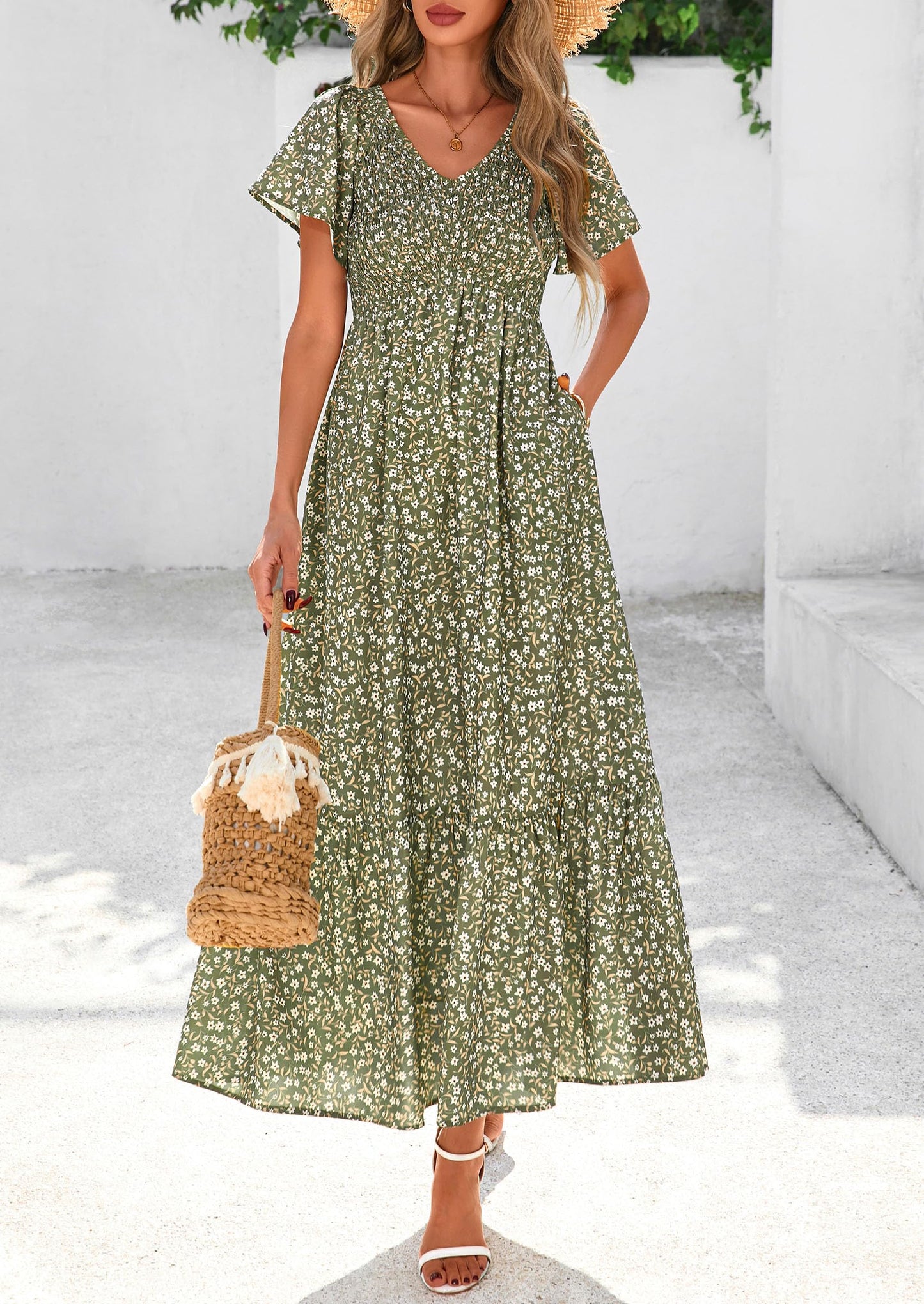 Women Floral Boho Maxi Dresses Short Sleeve V Neck Smocked A Line Long Flowy Beach Vacation Dress