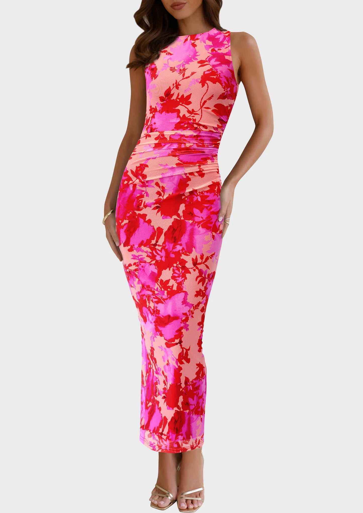Wedding Guest Dresses for Women Spring Floral Bodycon Sleeveless Mesh Maxi Long Dress