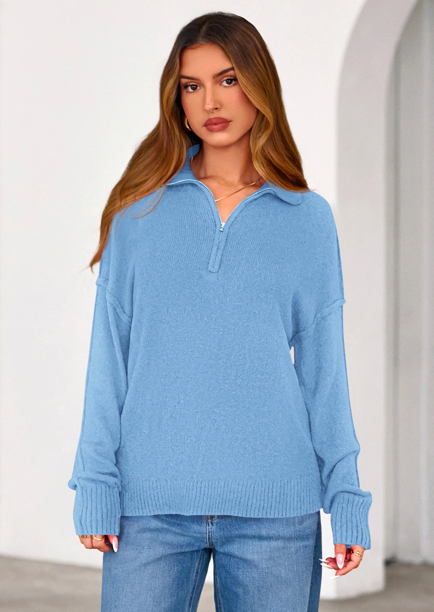 Womens Sweaters Quarter Zip Pullover Early Fall Fashion Long Sleeve V Neck Collared Knit Winter Jumper Tops