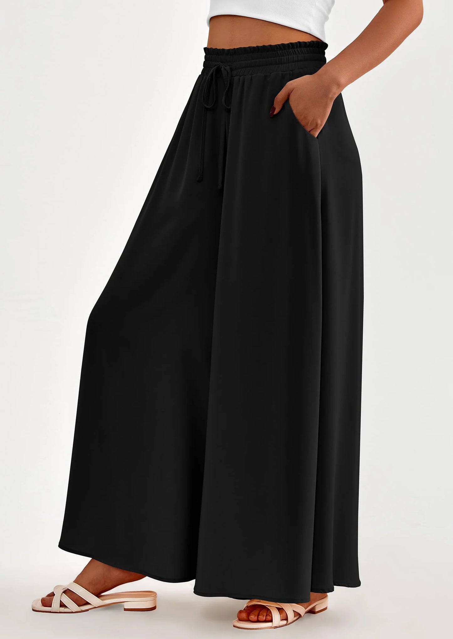 Women's Summer Wide Leg Palazzo Pants High Waisted Flowy Pockets Trendy Casual Lounge Boho Beach Trousers