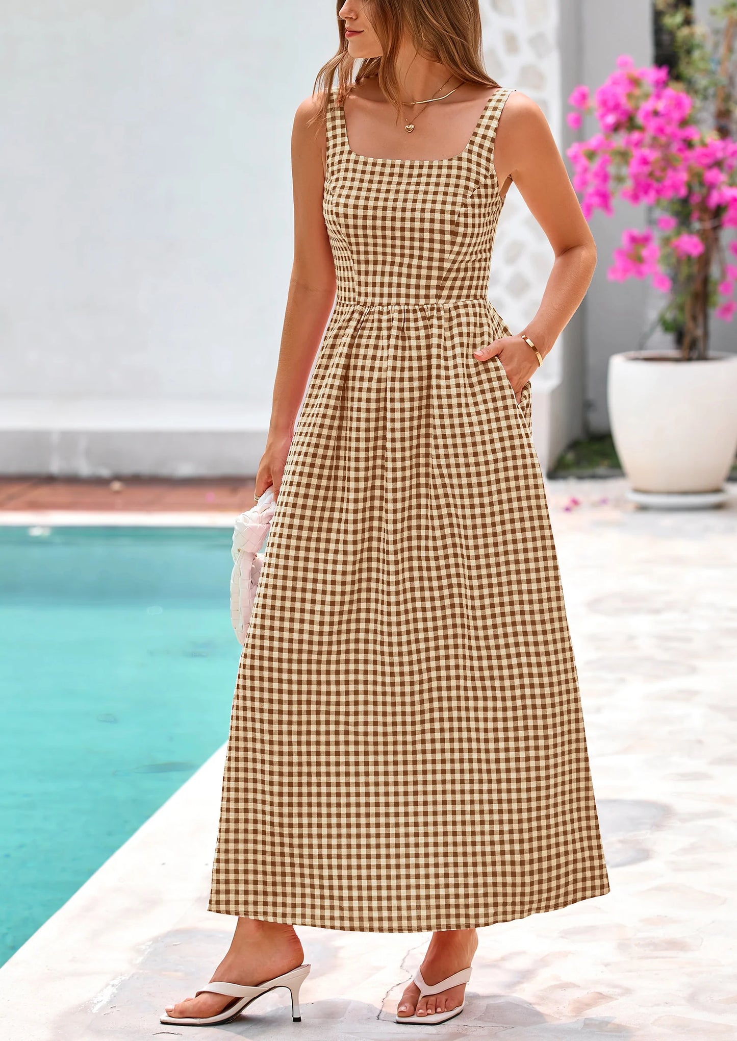 Women's Summer Spaghetti Strap Maxi Dresses Plaid Square Neck A Line Casual Beach Vacation Long Sundress