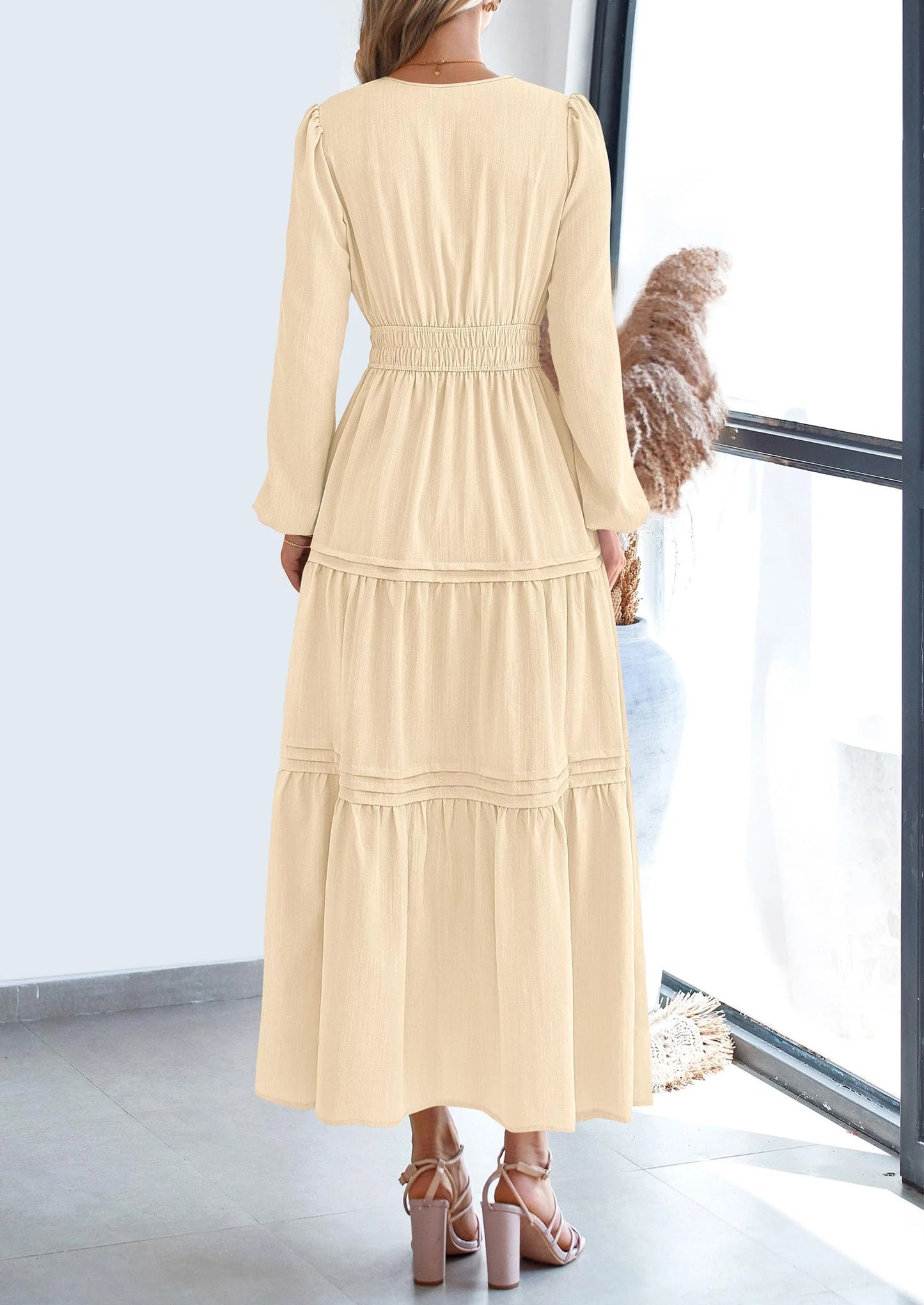 Women's Elegant Maxi Dresses Long Sleeve V Neck Flowy Pockets Casual Modest Dress Fall Fashion Clothes