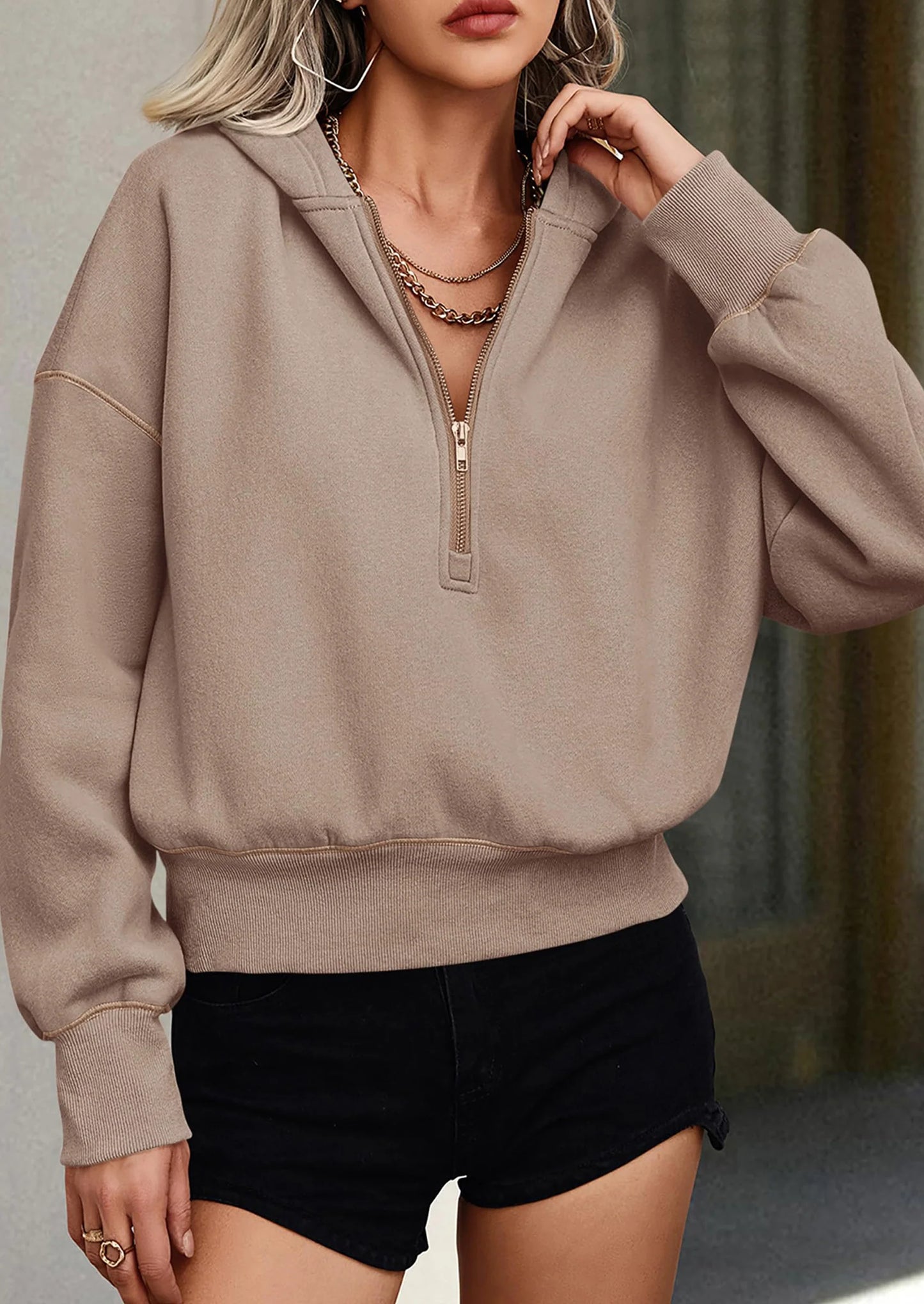 Women's Hooded Sweatshirts Long Sleeve Half Zip Cropped Hoodie Pullover Winter Fashion Clothes