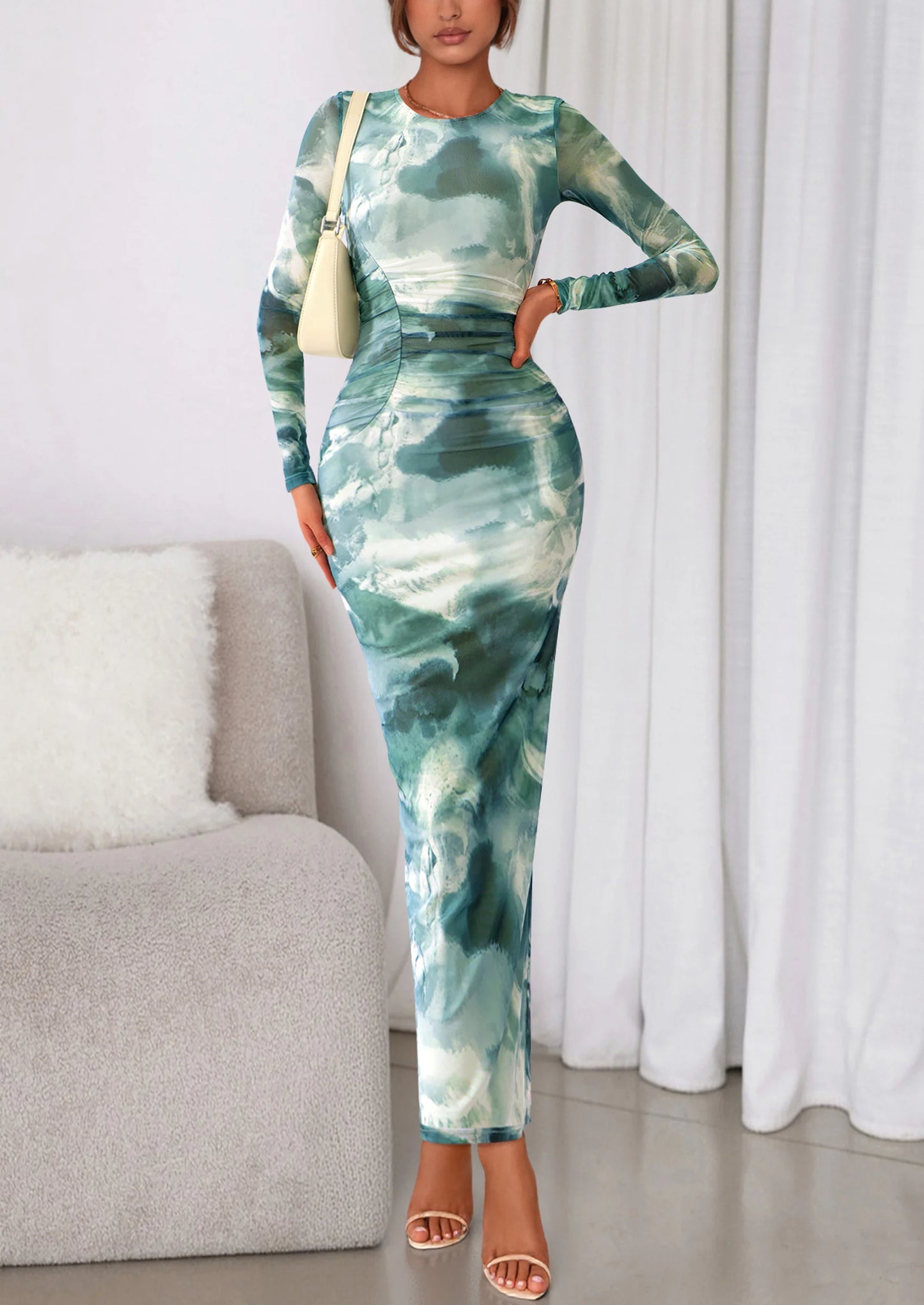 Women's Fall Wedding Guest Dresses Long Sleeve Fitted Ruched Slit Bodycon Mesh Floral Party Maxi Dress
