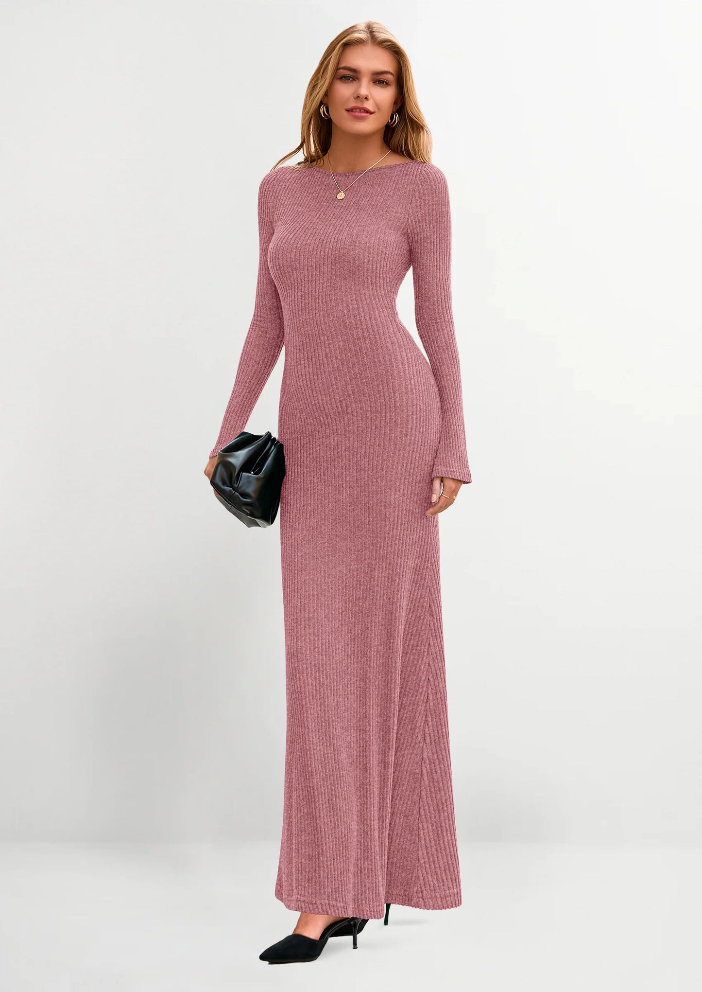 Women's Fall Fashion Long Sleeve Maxi Dress Ribbed Knit Boat Neck Bodycon Casual Dresses Going Out Outfits