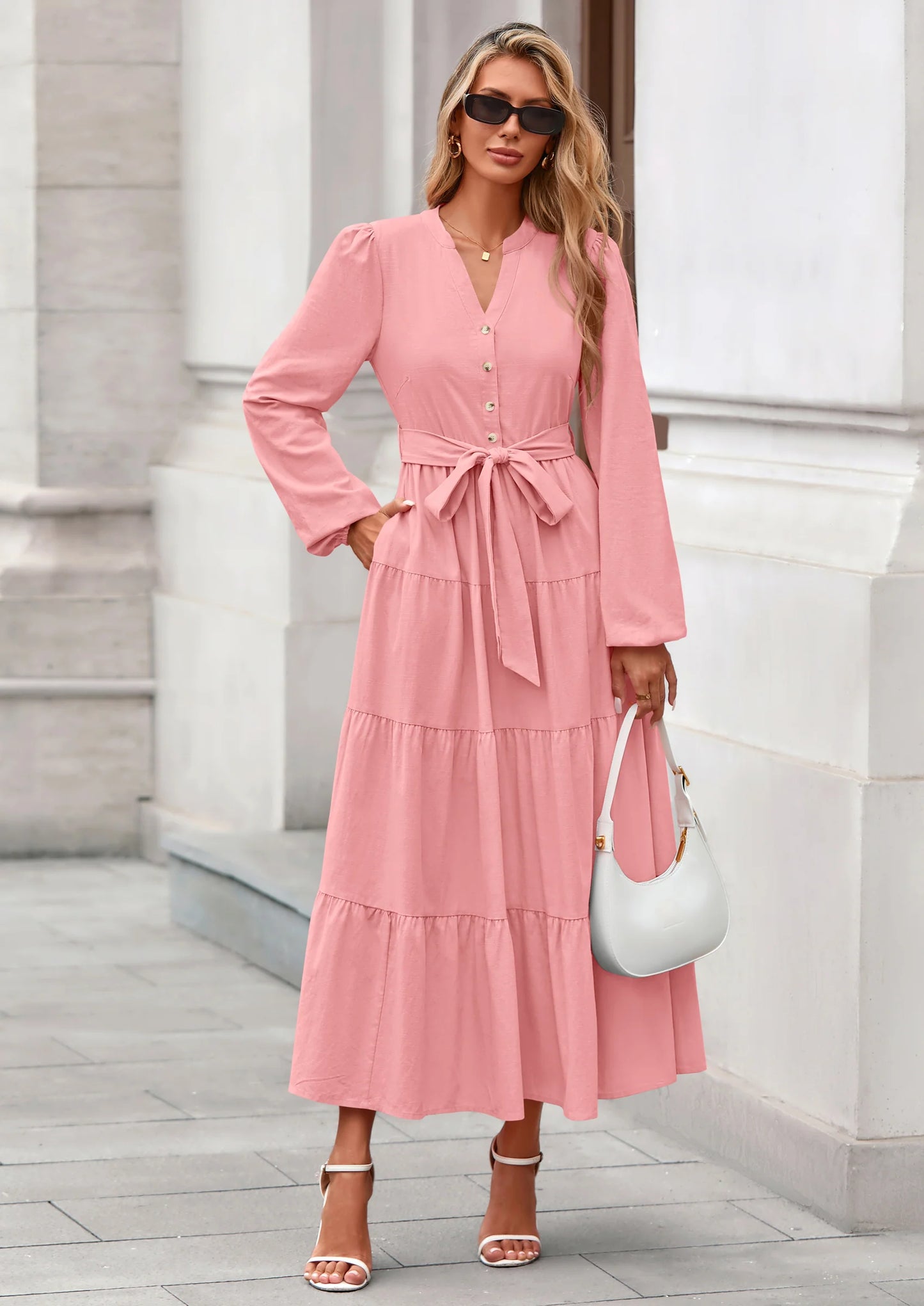 Fall Dresses for Women Long Sleeve V Neck Belted Ruffle A Line Flowy Boho Maxi Wedding Guest Dress Pockets