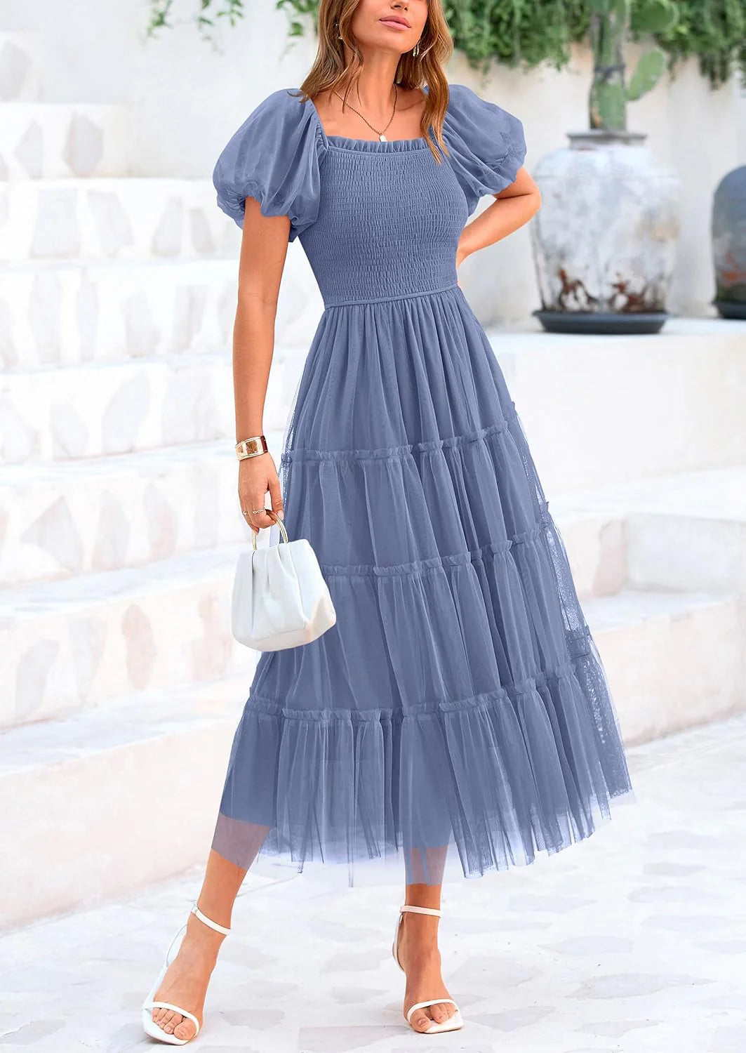 Women's Smocked Tulle Midi Dress Square Neck Puffy Short Sleeve Ruffle Wedding Guest Party Dresses