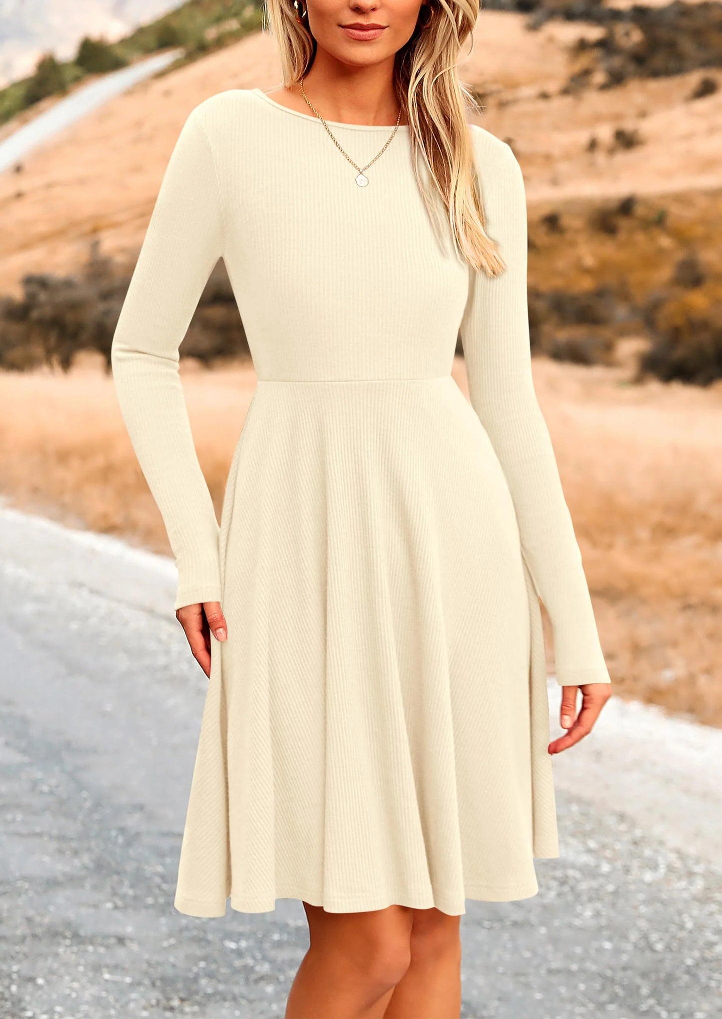 Women's Spring Fall Short Dress Ribbed Knit Crewneck Long Sleeve A Line Flowy Casual Elegant Going Out Dresses
