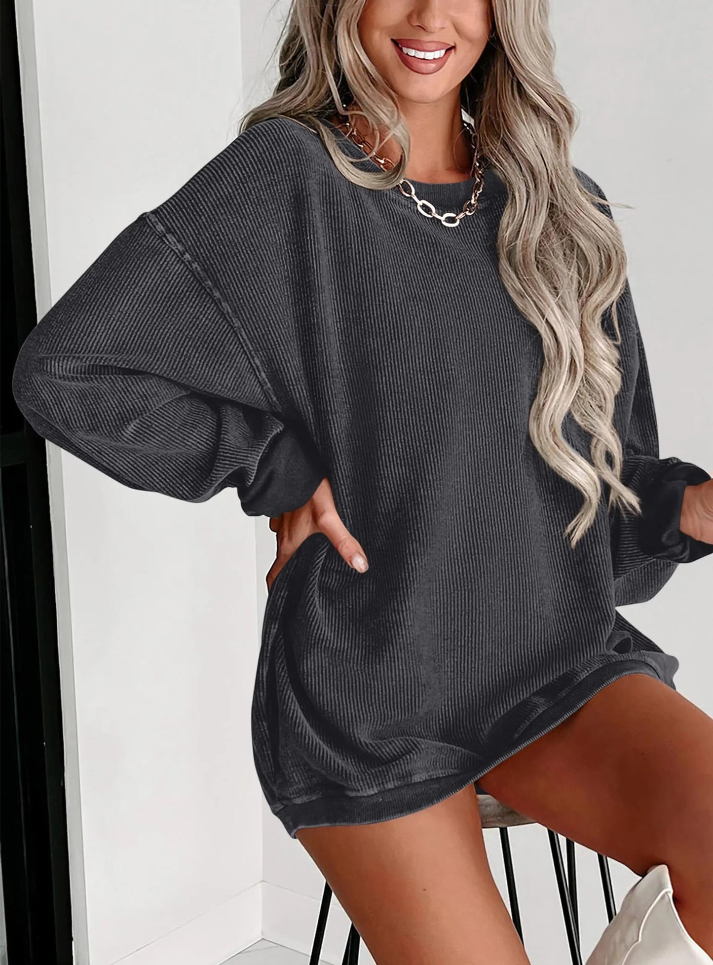 Women's Oversized Sweatshirt 2025 Fall Fashion Clothes Ribbed Corduroy Long Sleeve Going Out Pullover Tops