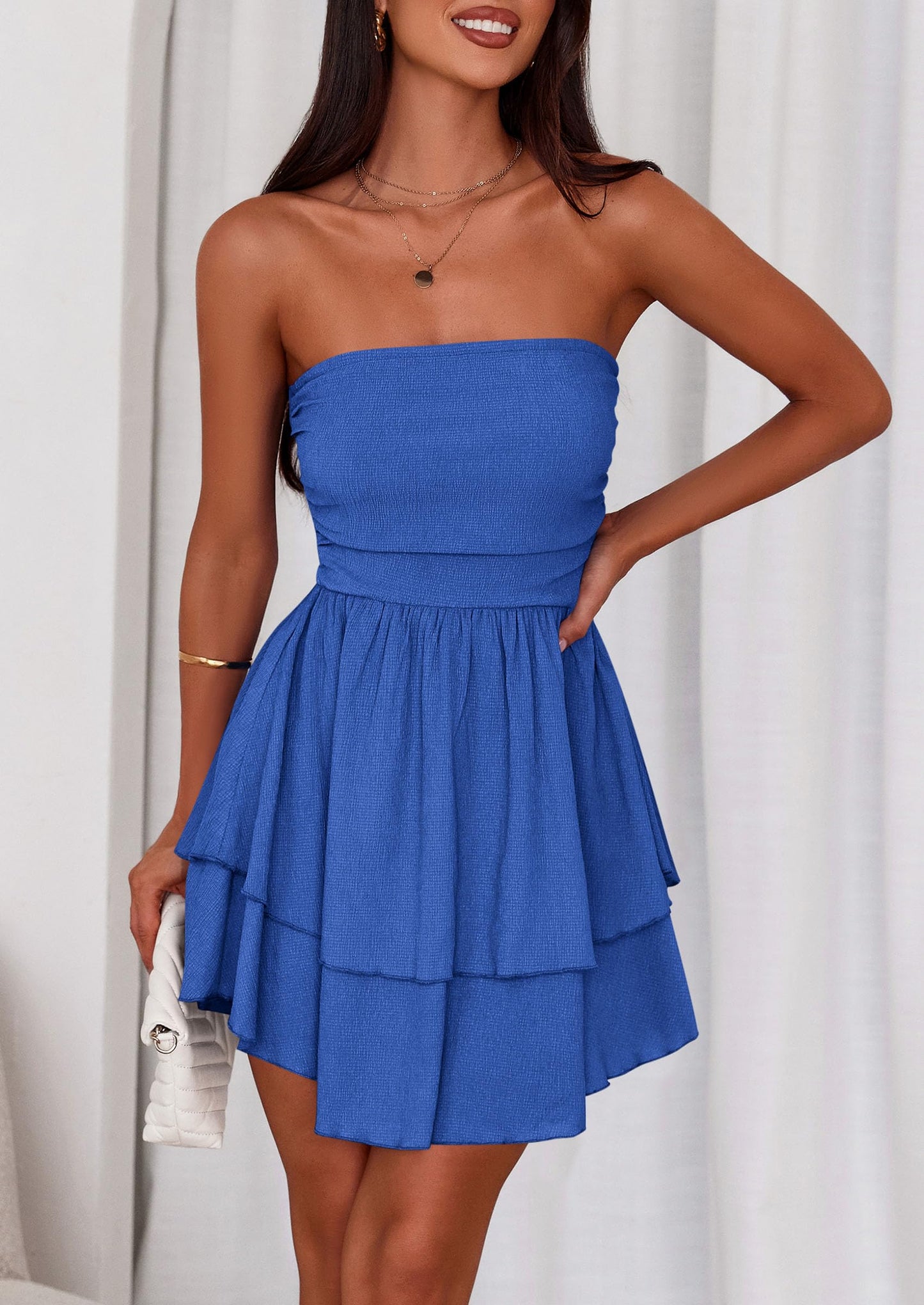Women's Summer Strapless Tube Mini Dress Off Shoulder Smocked Ruffle A Line Flowy Short Party Club Dresses