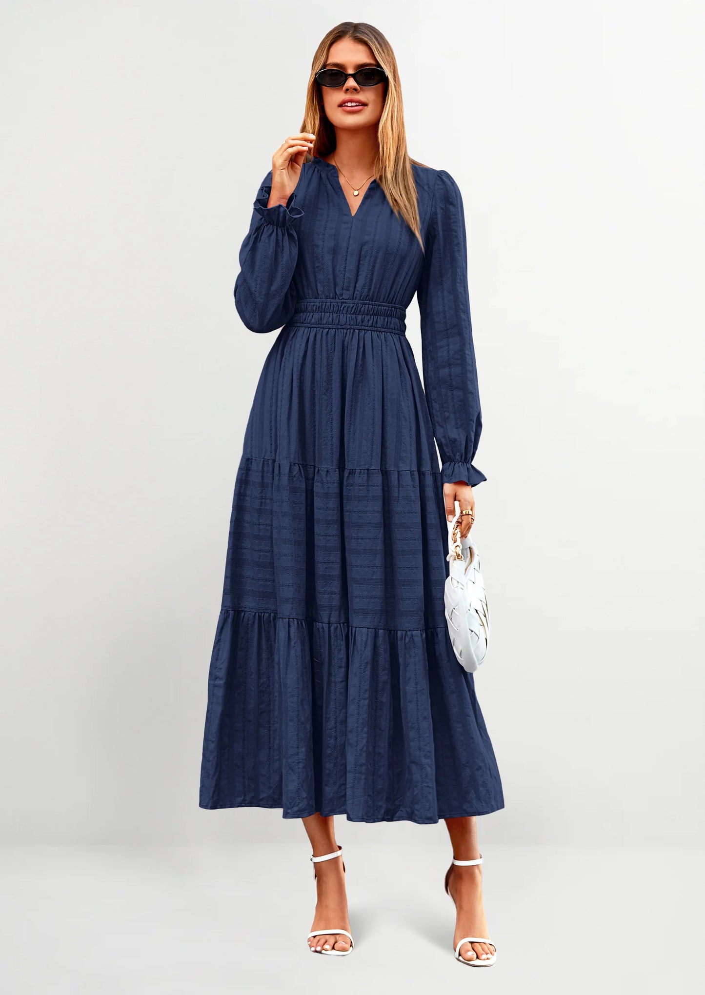 Women's Fall Wedding Guest Dresses Long Sleeve V Neck Flowy Elegant Holiday Party Maxi Dress with Pockets