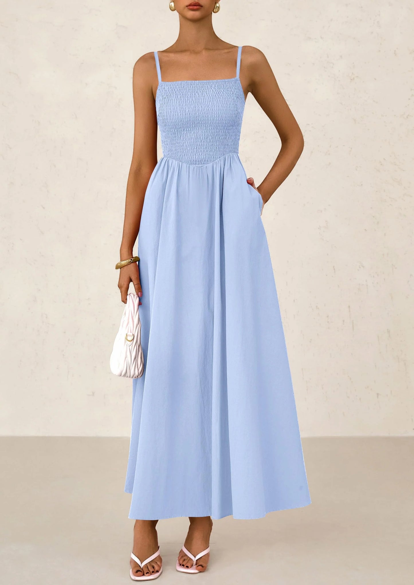 Women's Smocked Maxi Dresses Beach Sundress Casual Spaghetti Strap Swing A Line Long Flowy Dress