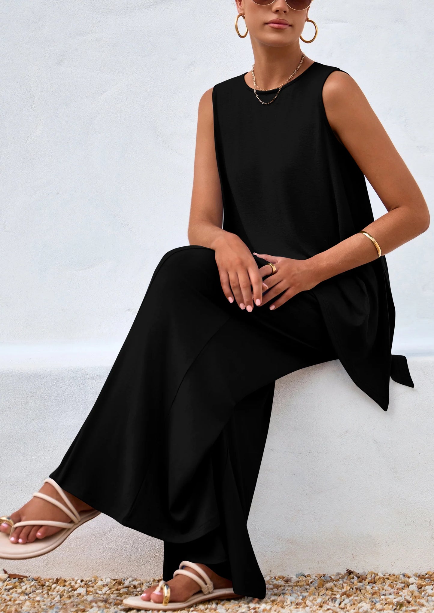 Women's Two Piece Matching Lounge Sets Asymmetrical Split Tank Tops Wide Leg Pants Summer Outfits Tracksuit