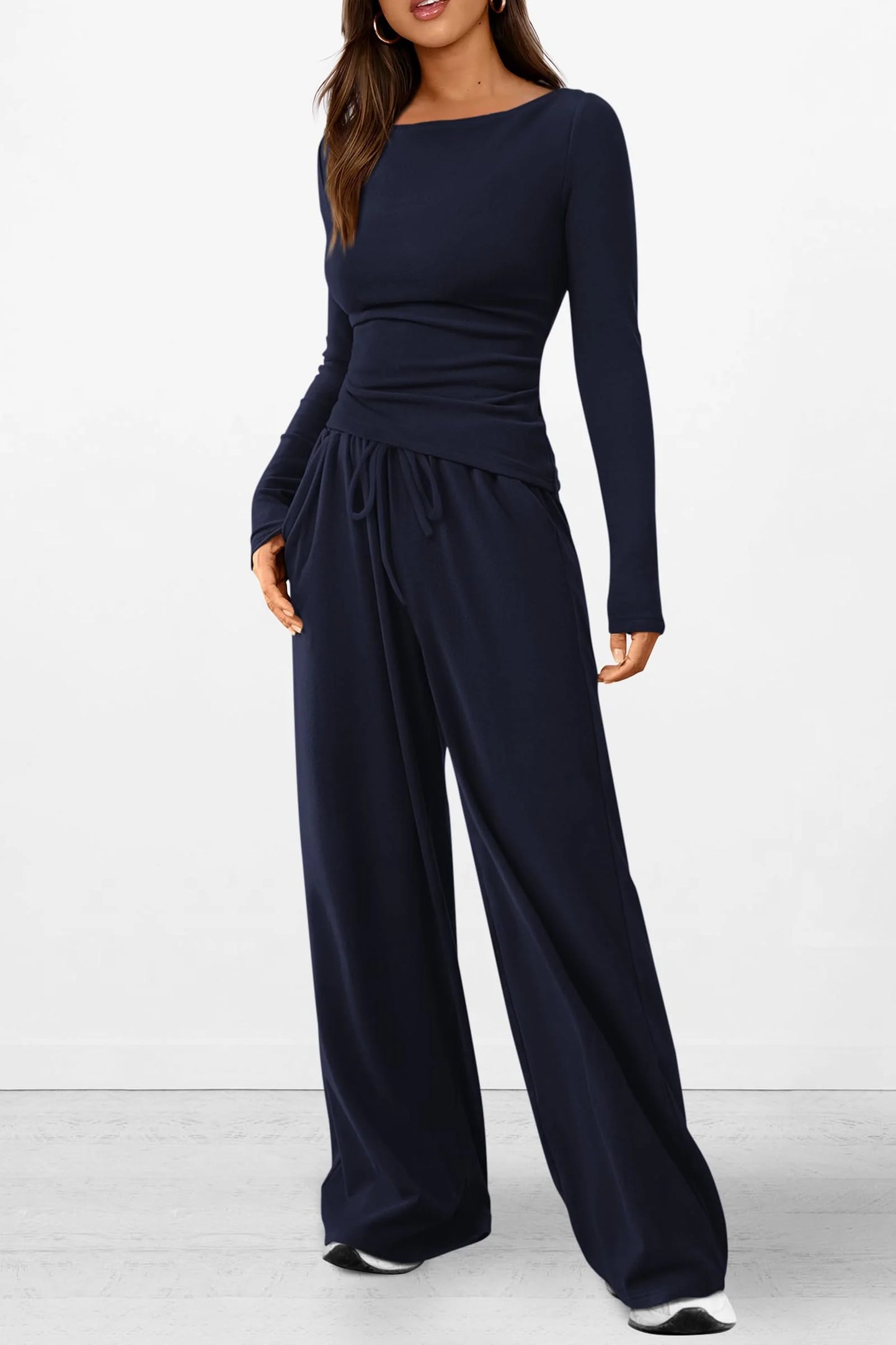 Women's 2 Piece Lounge Sets Asymmetrical Long Sleeve T Shirt Wide Leg Pants Casual Outfits Tracksuit