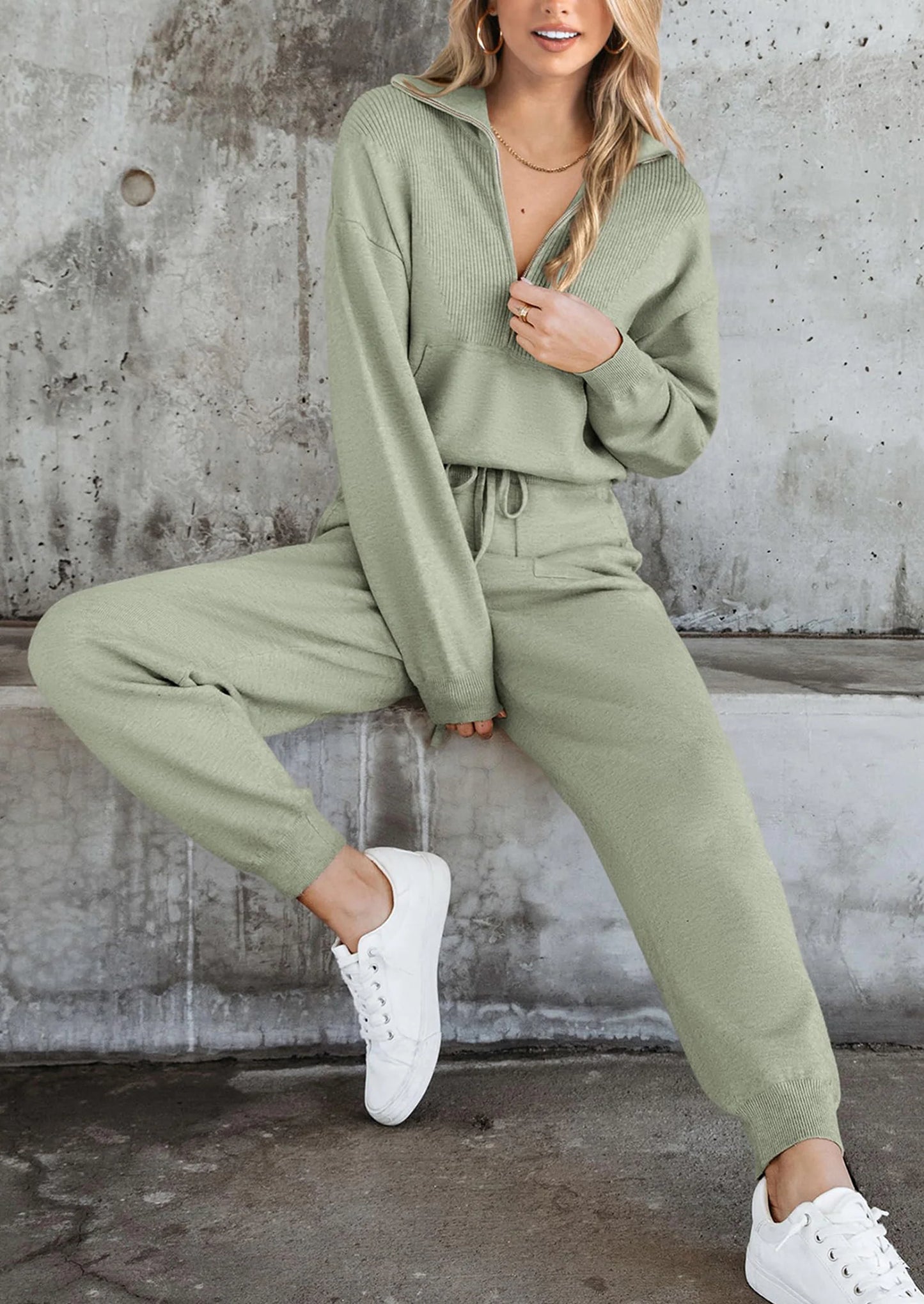 Women's 2 Piece Sweater Set Pullover Zip Up Sweatshirt Jogger Sweatpants Tracksuit Casual Outfit