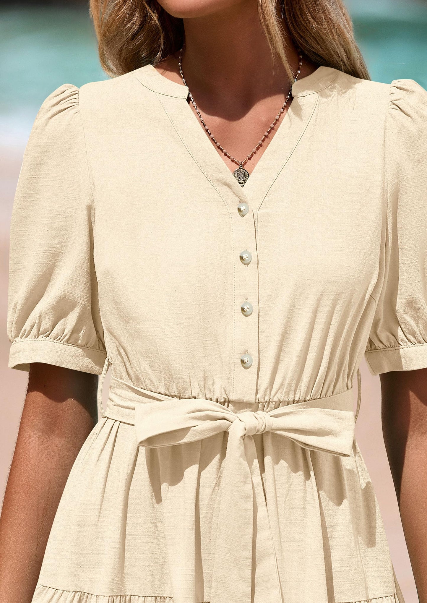 Women's Midi Dress Casual Short Sleeve V Neck Buttons Belted Ruffle A Line Flowy Dress with Pockets