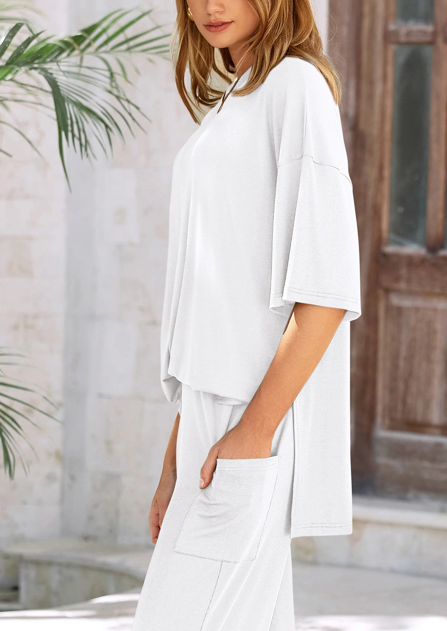 Women's 2 Piece Outfits Casual Short Sleeve Pullover Tops and Wide Leg Pants Lounge Sets Tracksuits