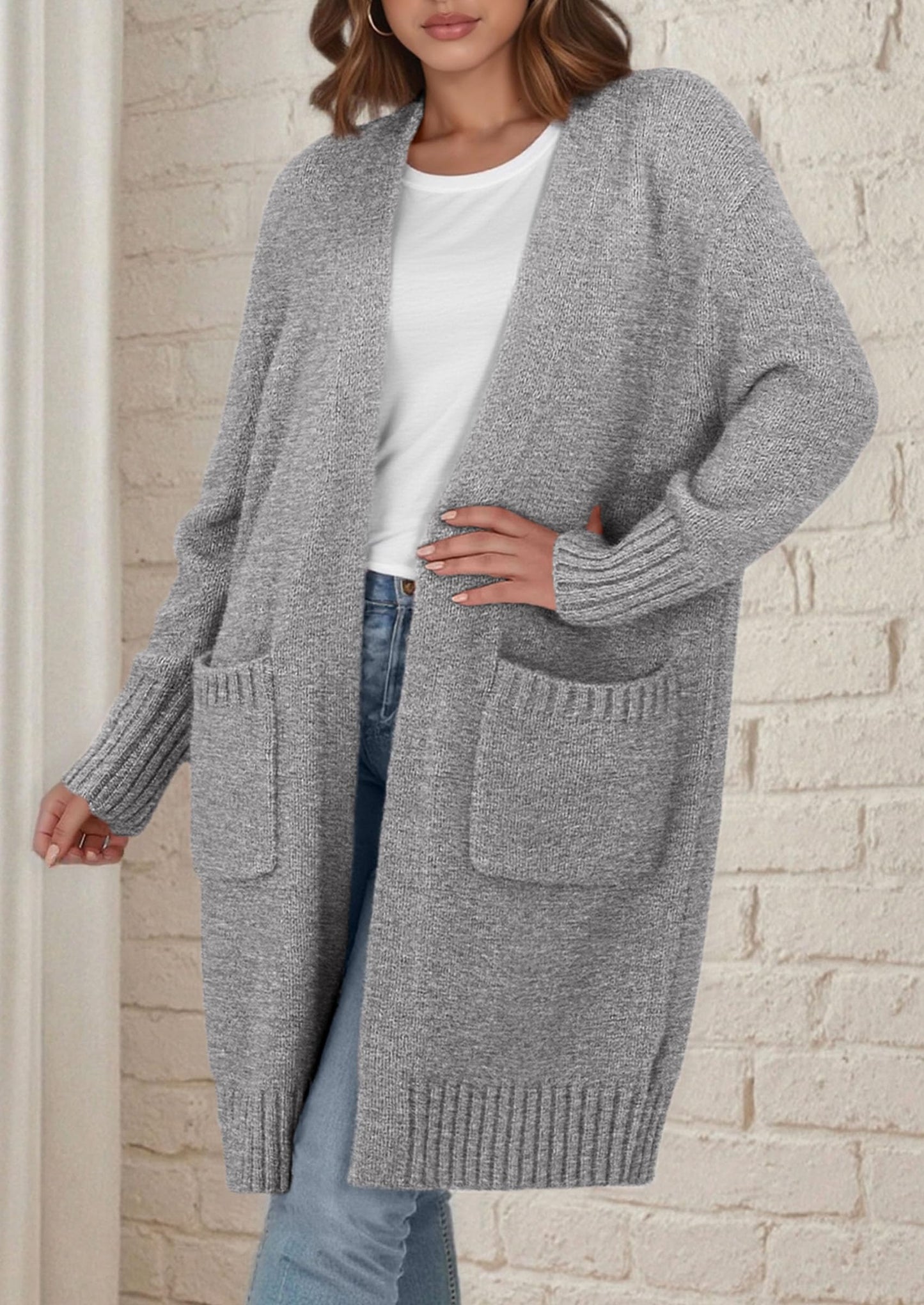 Fall Long Sleeve Cardigan Sweaters for Women Trendy Winter Open Front Loose Knitted Cardigans with Pockets